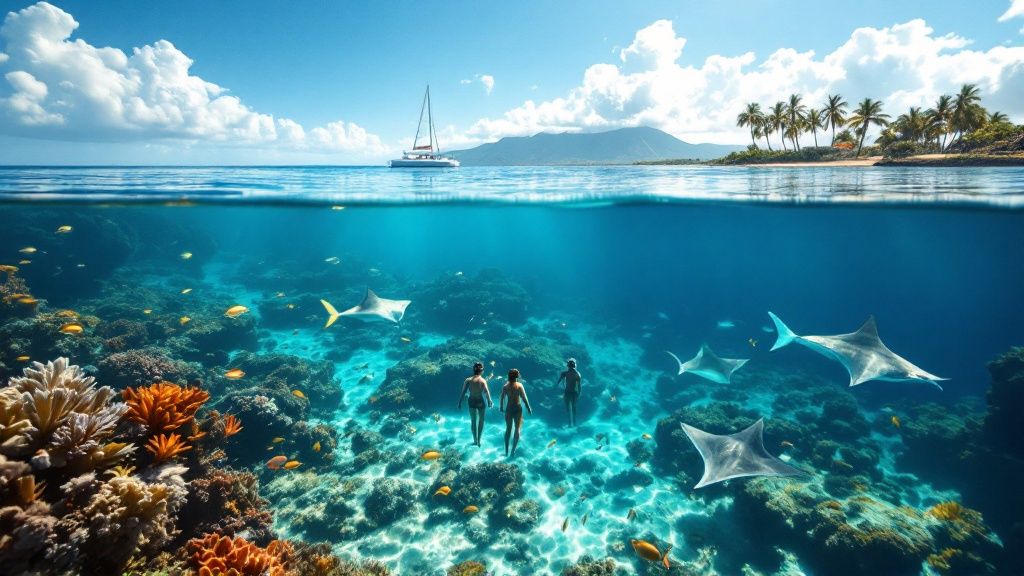 Coral reef split view with swimmers, manta rays, a boat, and an island background.