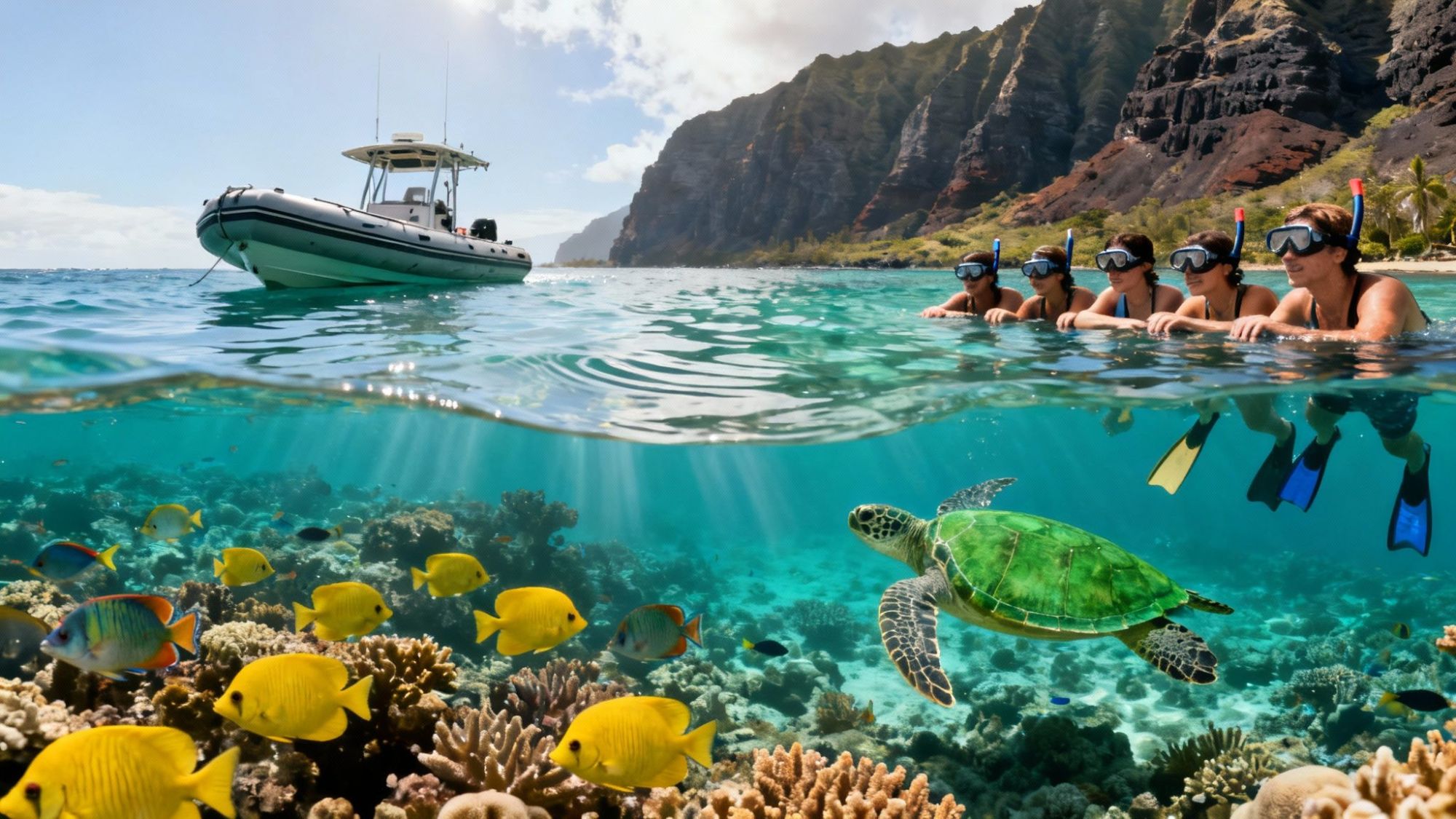 Snorkelers and boat above coral reef with fish and turtle in clear water near rocky coastline.
