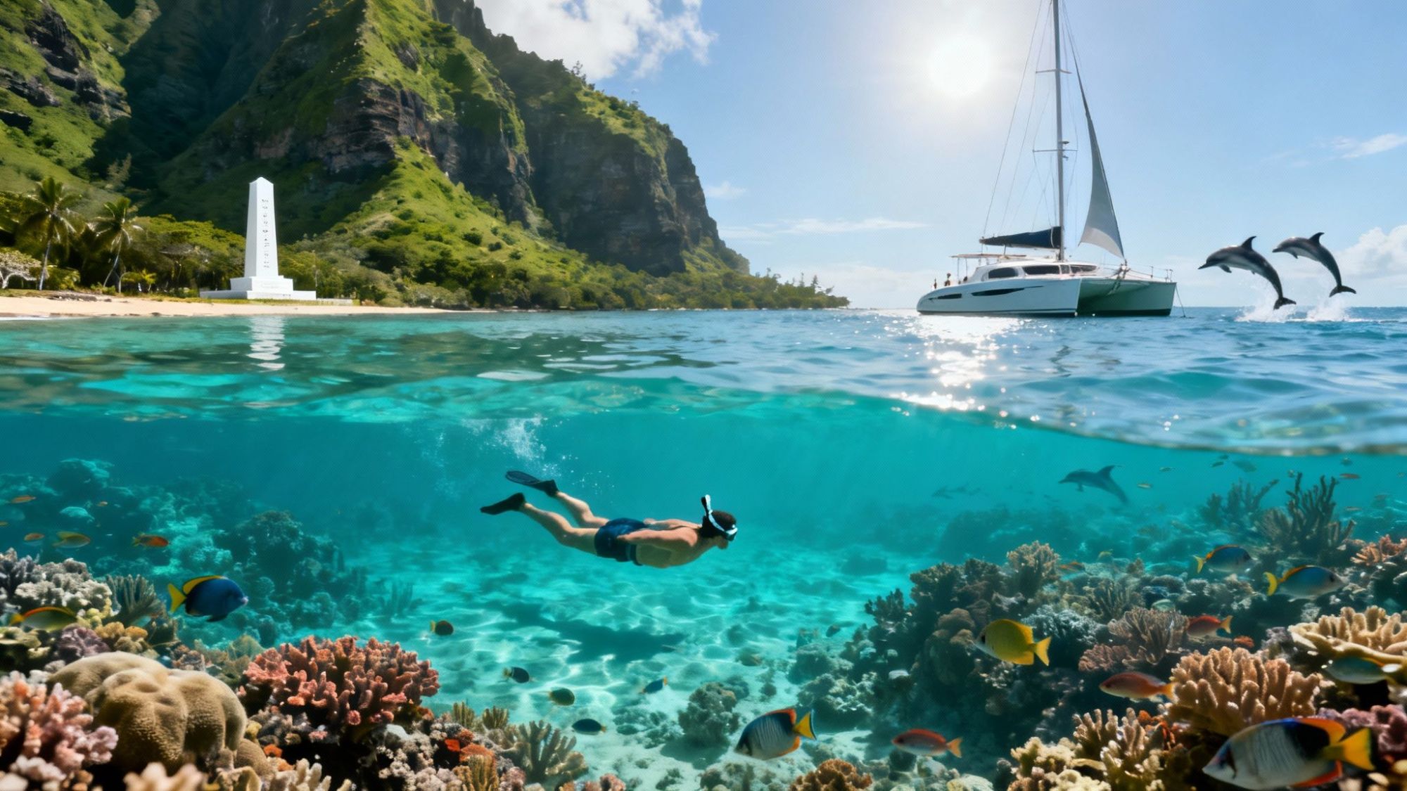Snorkeler in clear water with coral reef, sailboat, dolphins, and green mountain island in the background.
