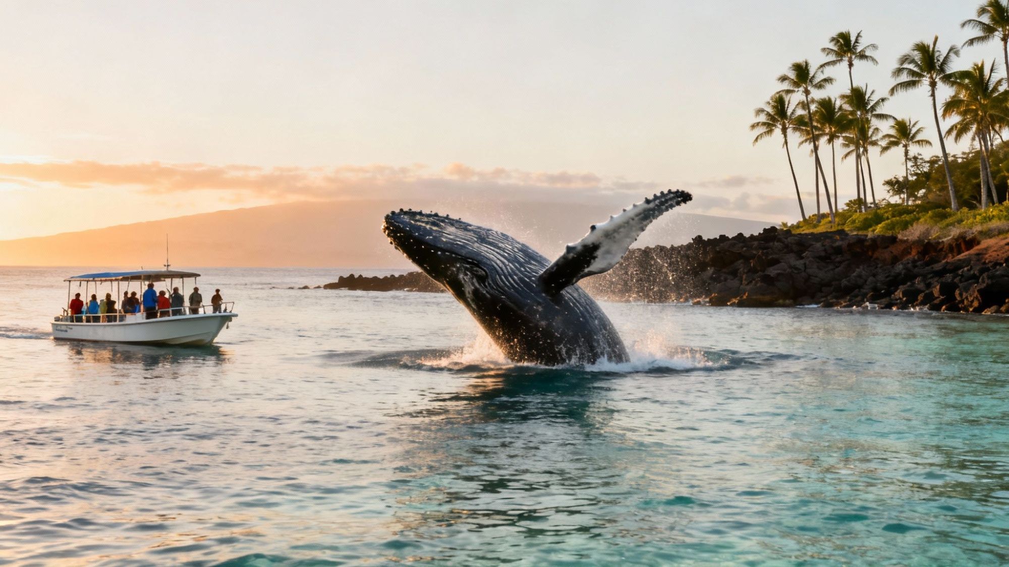 Whale breaching near a boat with people, palm trees, and sunset in the background.