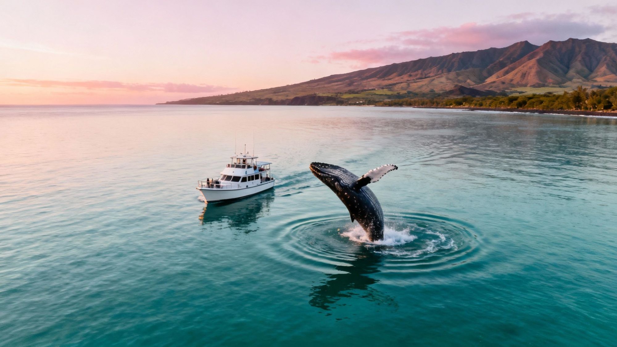 Whale breaching near a boat at sunset with mountains in the background.
