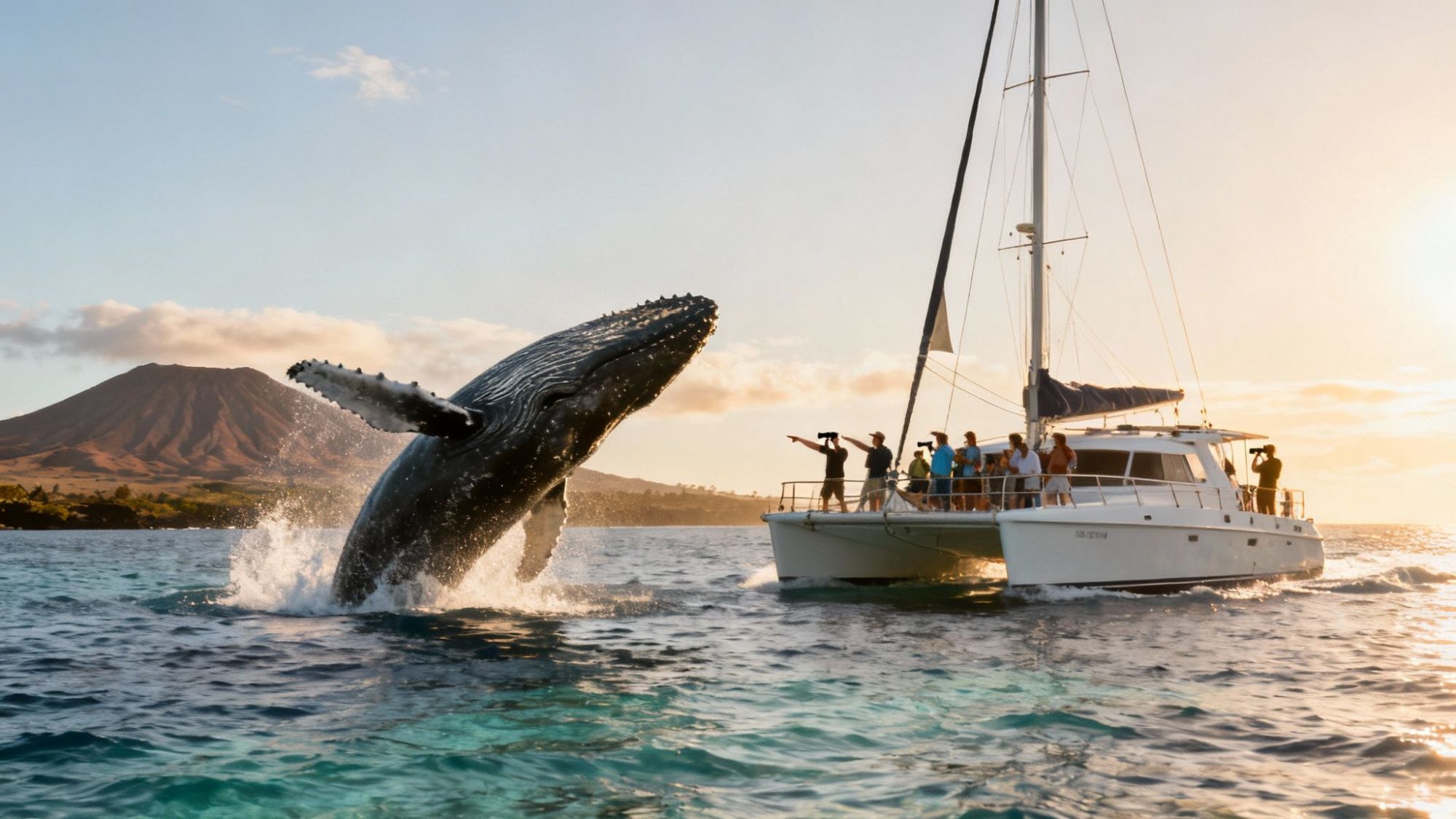 Whale breaching near a sailboat with people observing at sunset, mountain visible in the background.