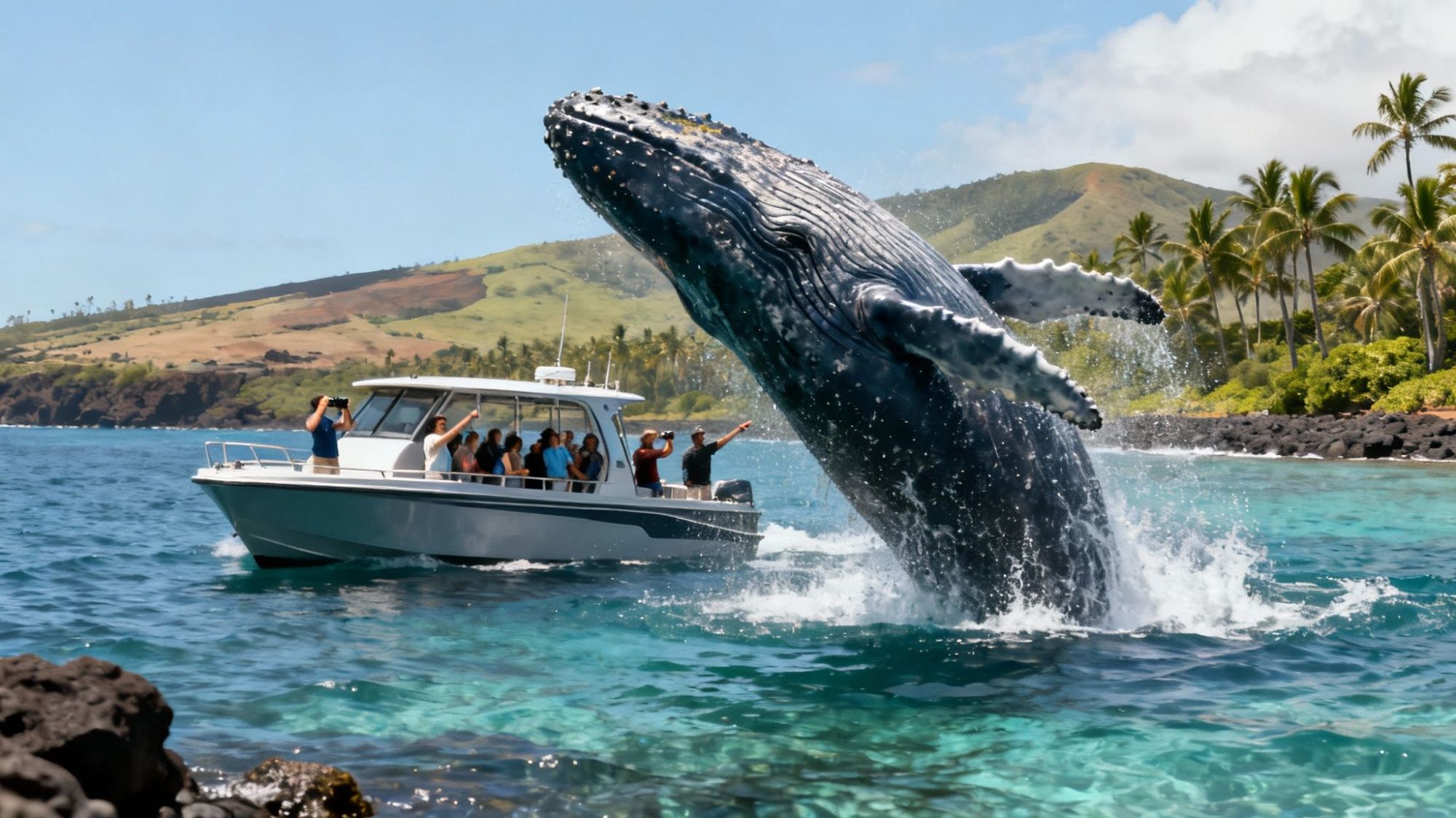 thumbnail_e8fd33 Humpback whale breaching near a small boat with people photographing, tropical island in background.