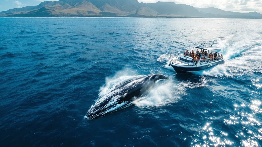 thumbnail_e98c6e Whale swimming near a boat carrying tourists in blue ocean with mountains in the background.