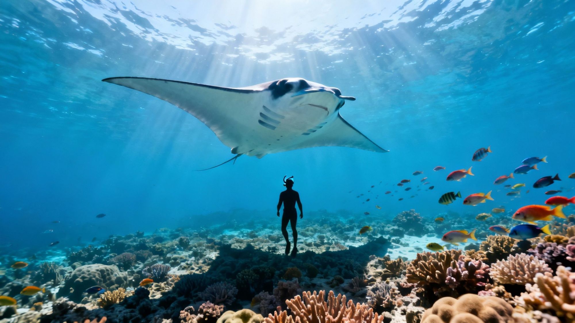 thumbnail_e99d7a Diver under a manta ray swimming above a vibrant coral reef with colorful fish