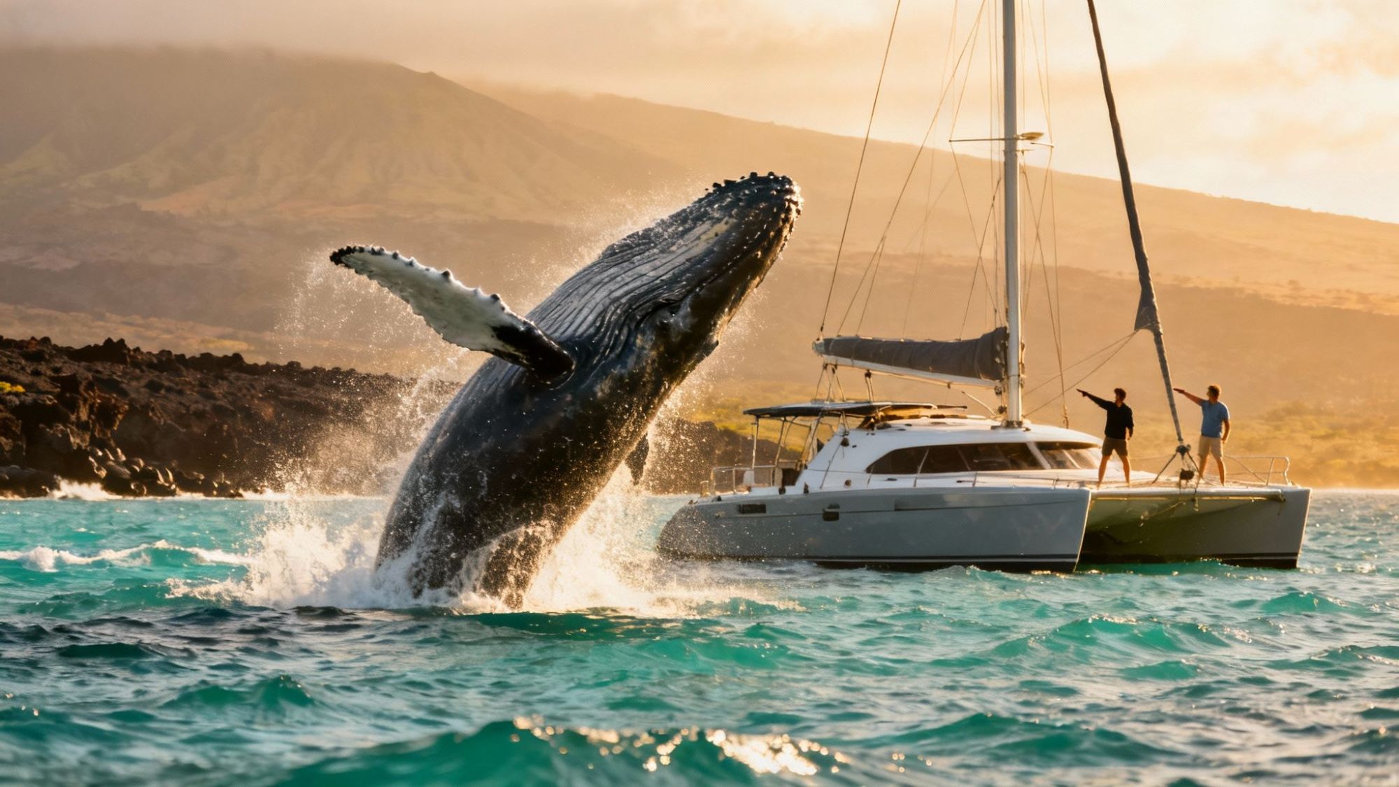 thumbnail_eeb599 Whale breaching near a sailboat with mountains in the background.