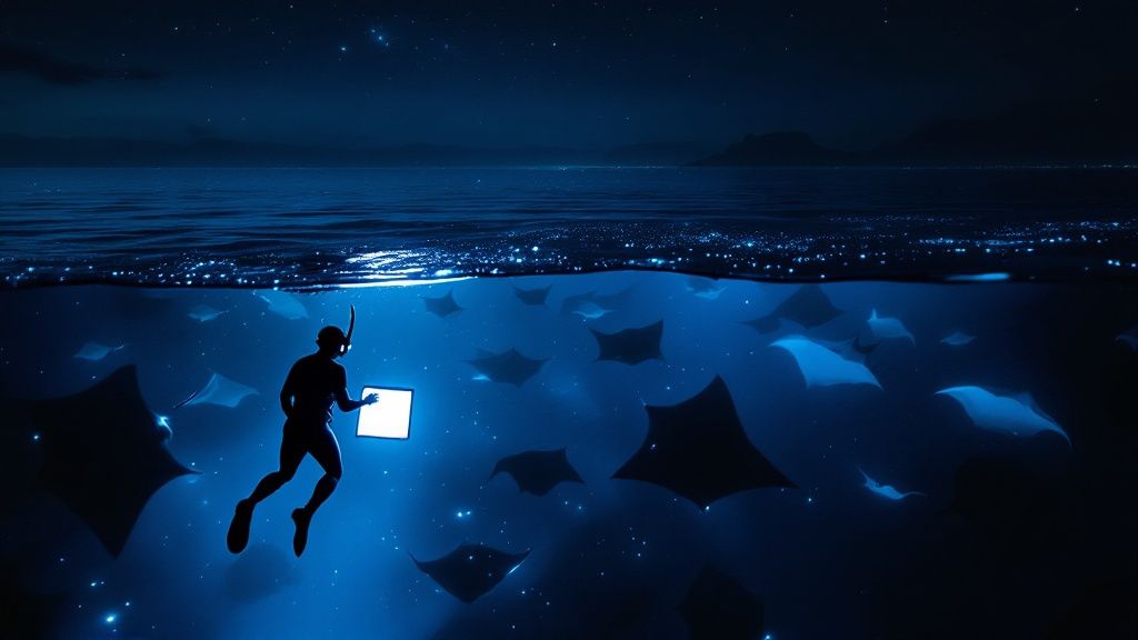 thumbnail_f129ab Silhouette of snorkeler with tablet illuminated in ocean, surrounded by glowing rays at night.