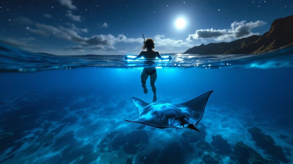 thumbnail_f367e8 Person snorkeling near a manta ray under a moonlit sky.