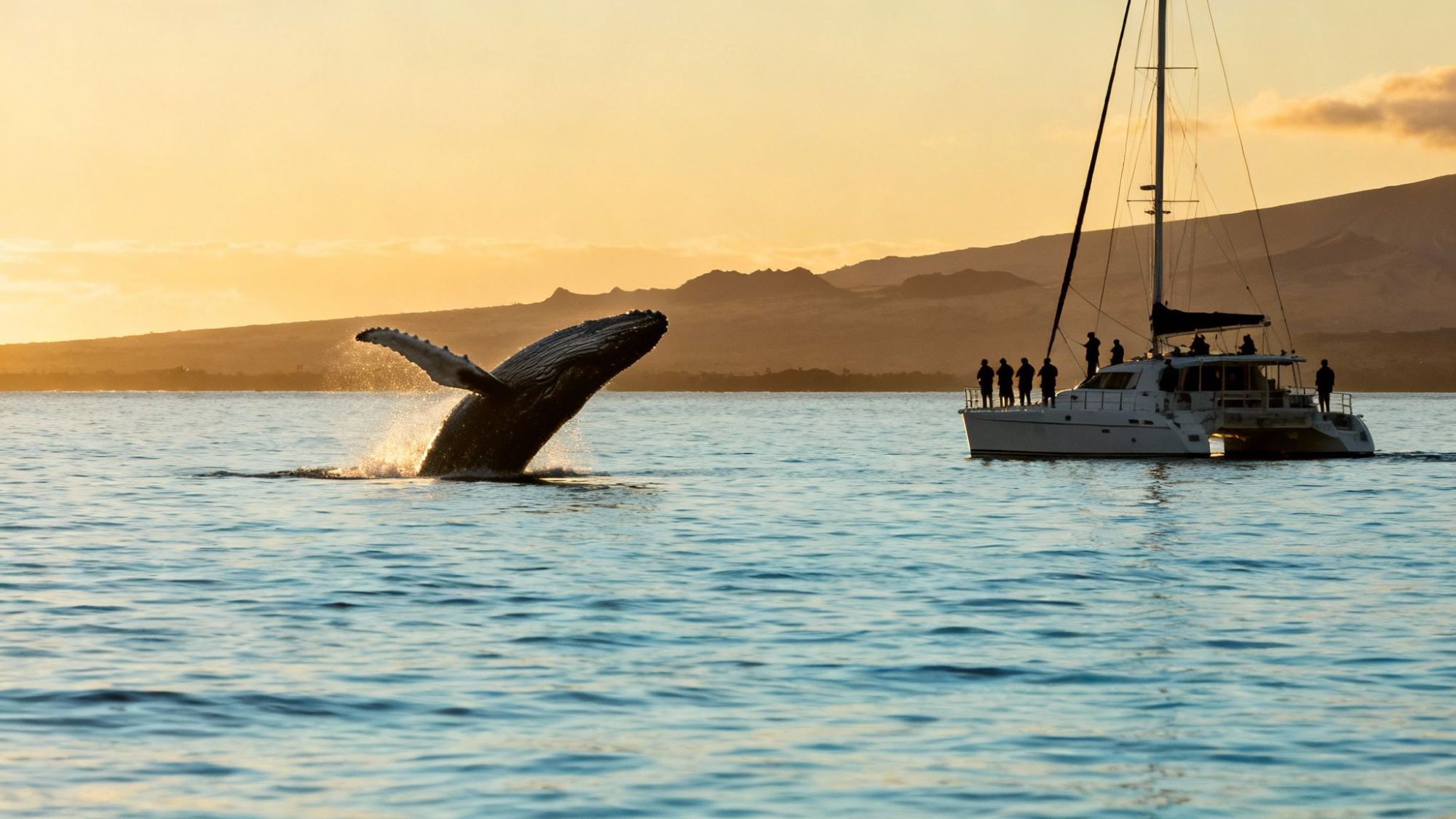 Whale breaching near a sailboat with people, during sunset on calm ocean.