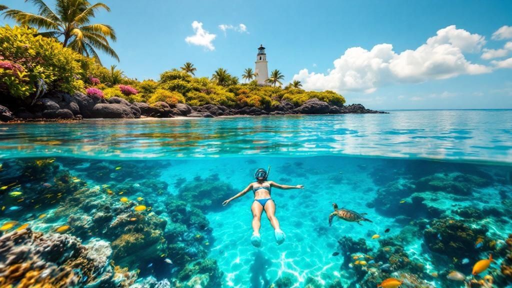 thumbnail_fcaf42 Woman snorkeling in clear water near tropical island with lighthouse, vibrant coral, and sea turtle.
