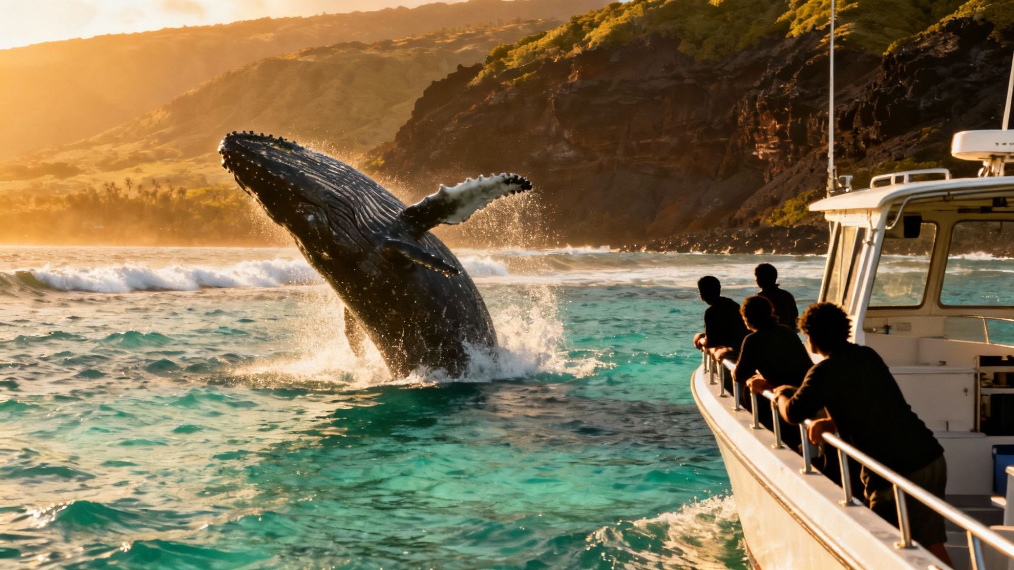 Whale breaching near a boat with people, ocean and cliffs in the background.