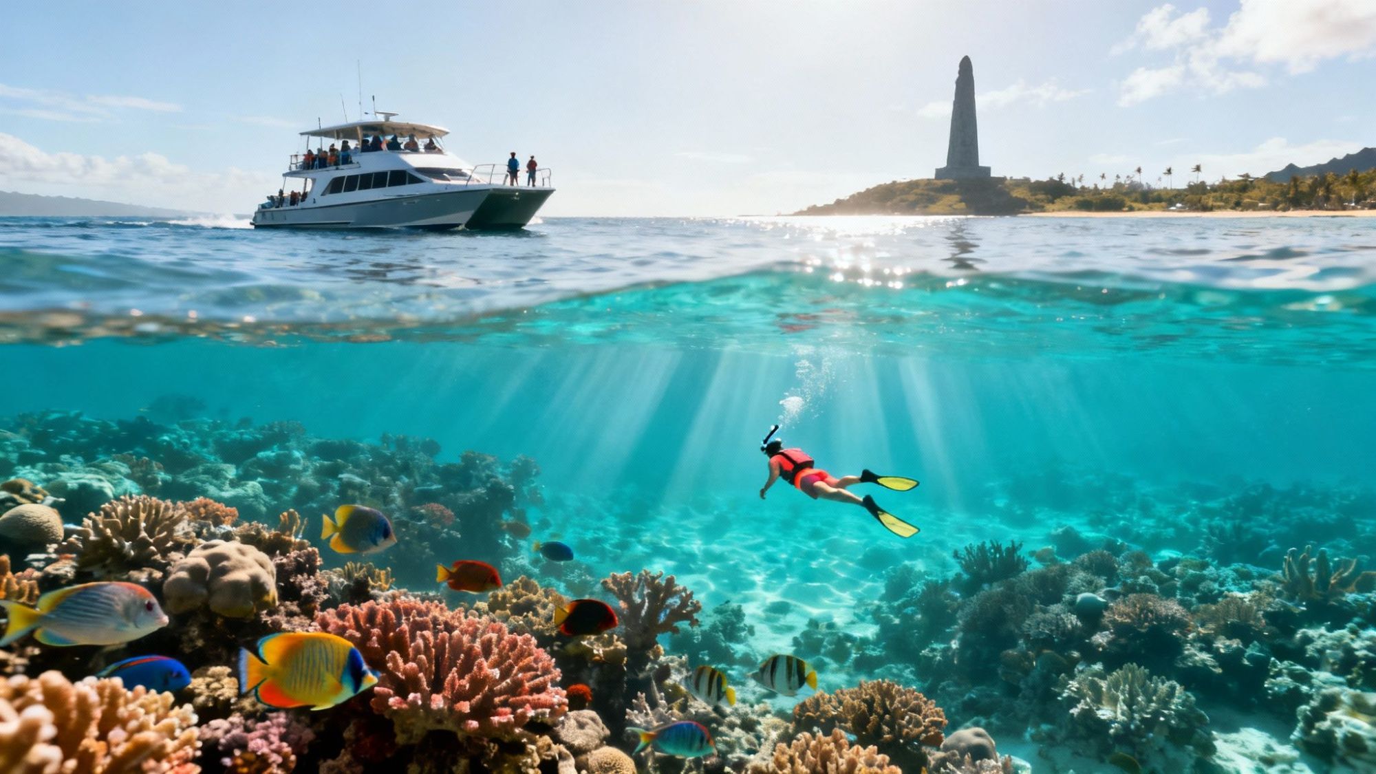 Snorkeler swims over colorful coral reef with boat and monument in background.
