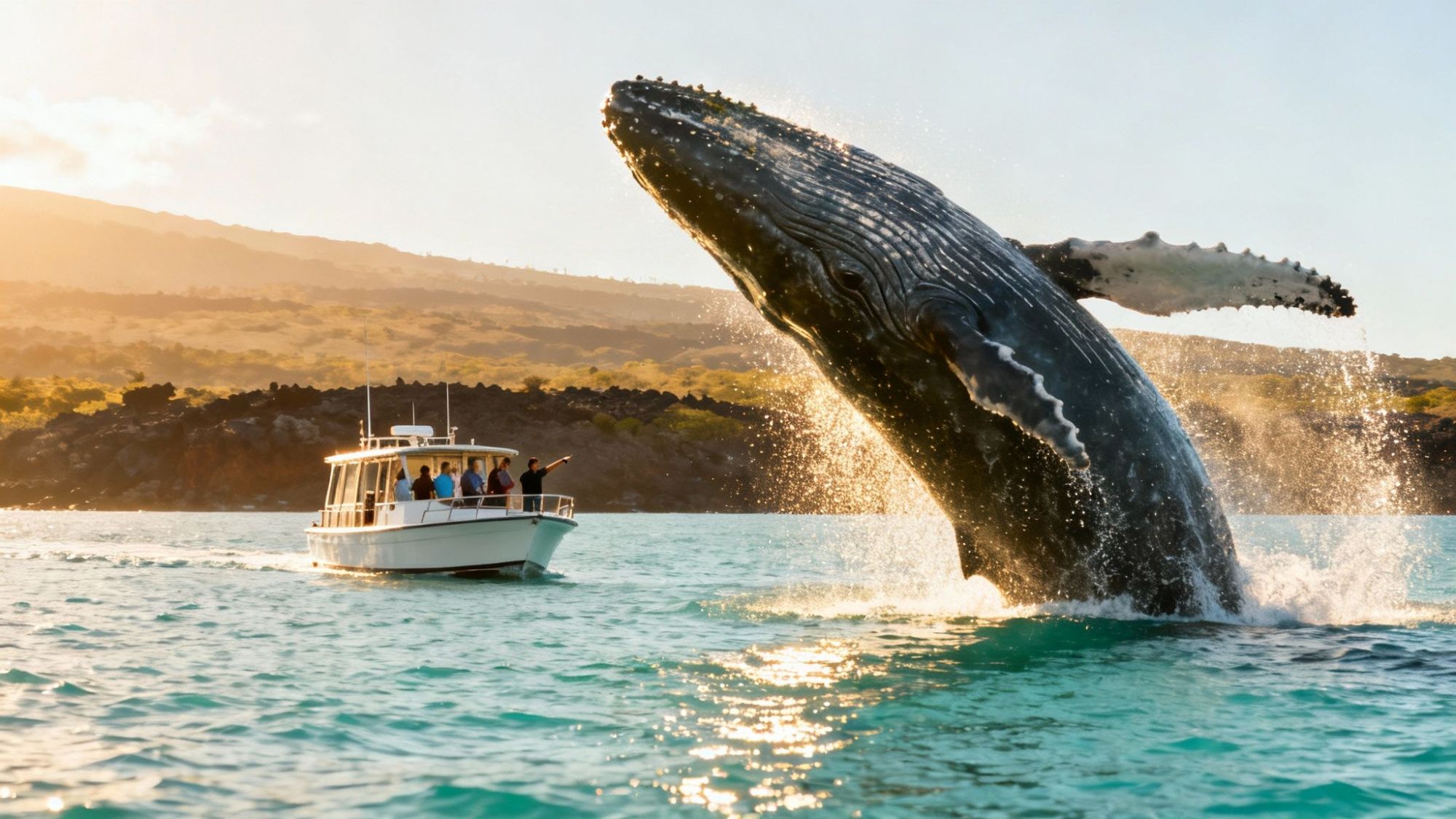 Humpback whale breaching near a tour boat with people on board, against a coastal backdrop.