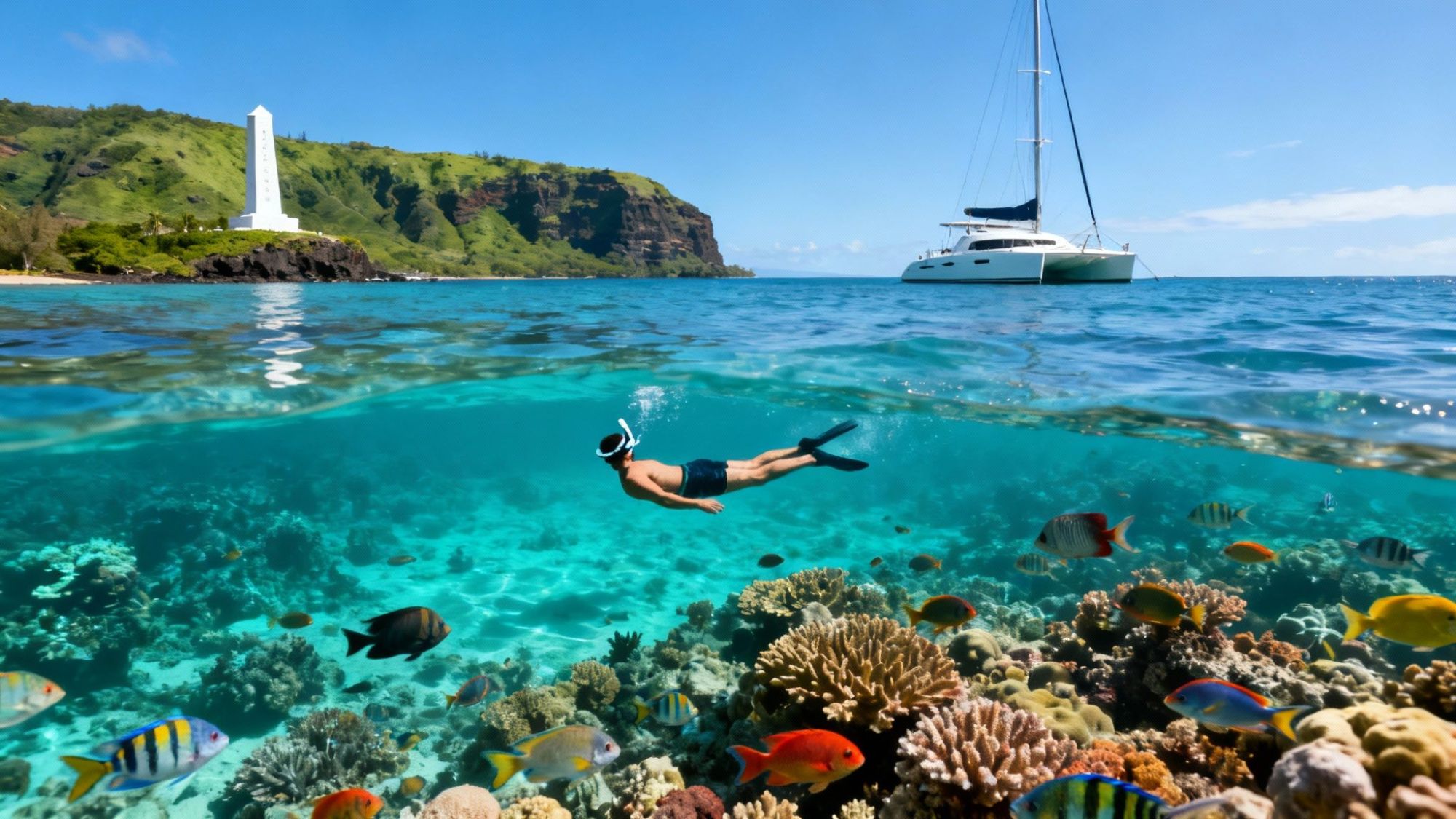 Snorkeler swims near colorful coral reef, with a yacht and a white monument in the background.