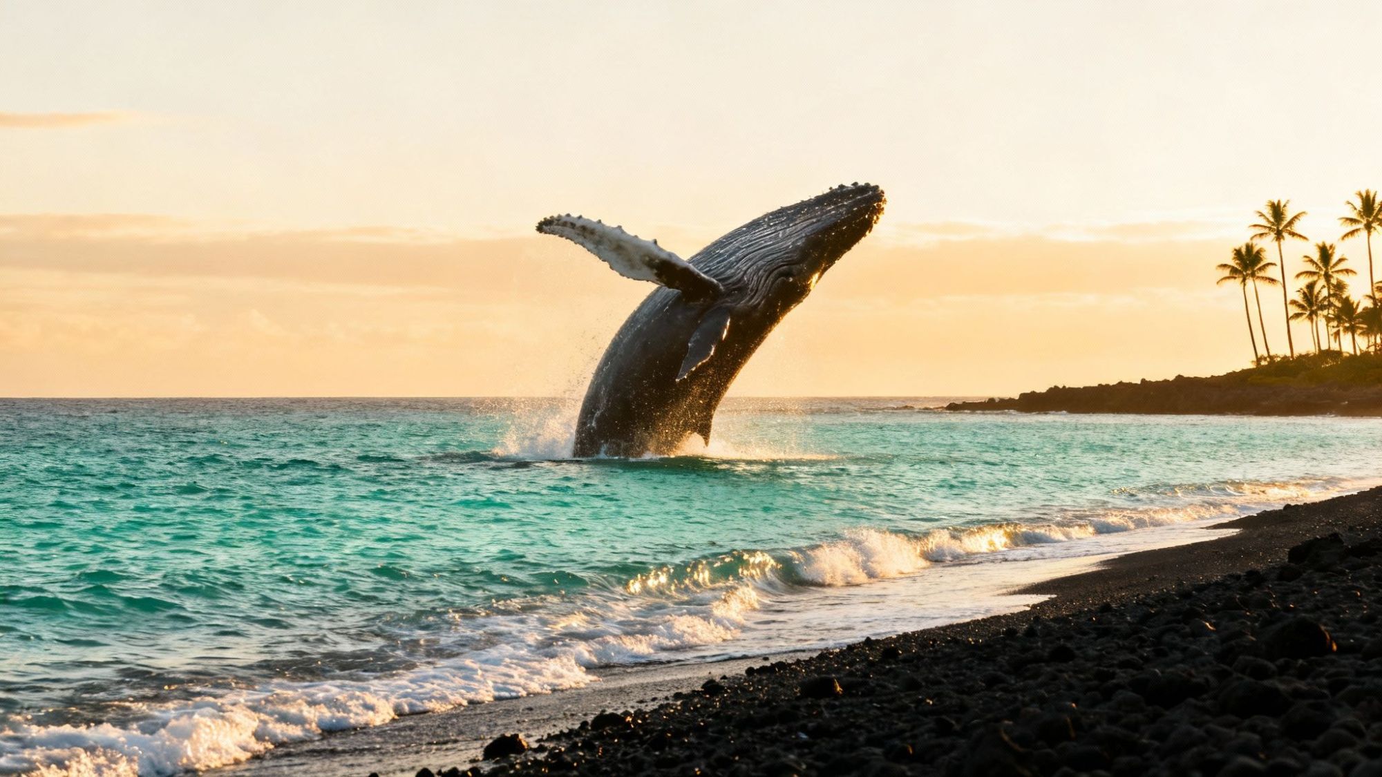 A whale breaches near the shore at sunset, with palm trees in the background.
