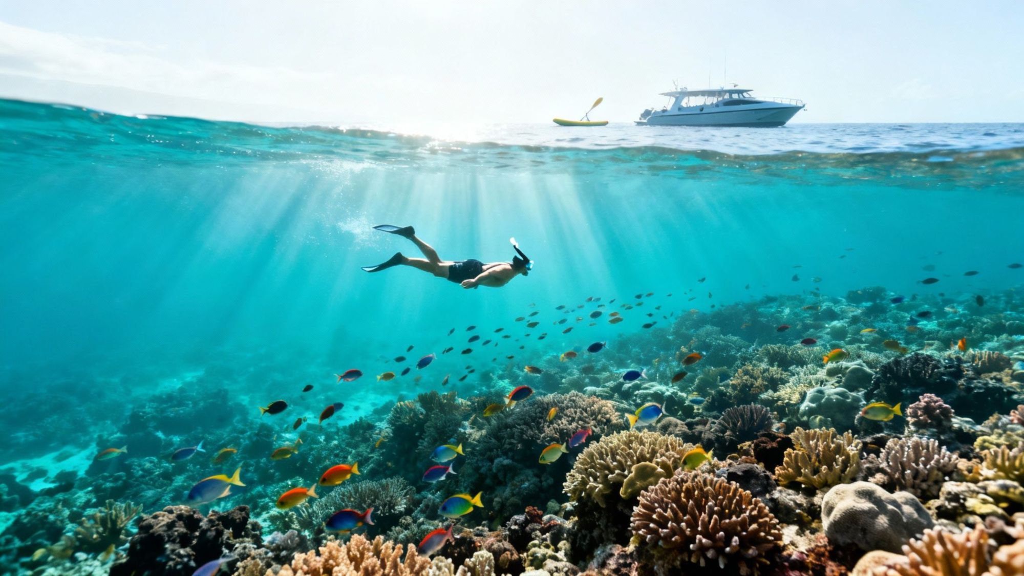 Snorkeler swimming over colorful coral reef beneath clear water, with boat above.