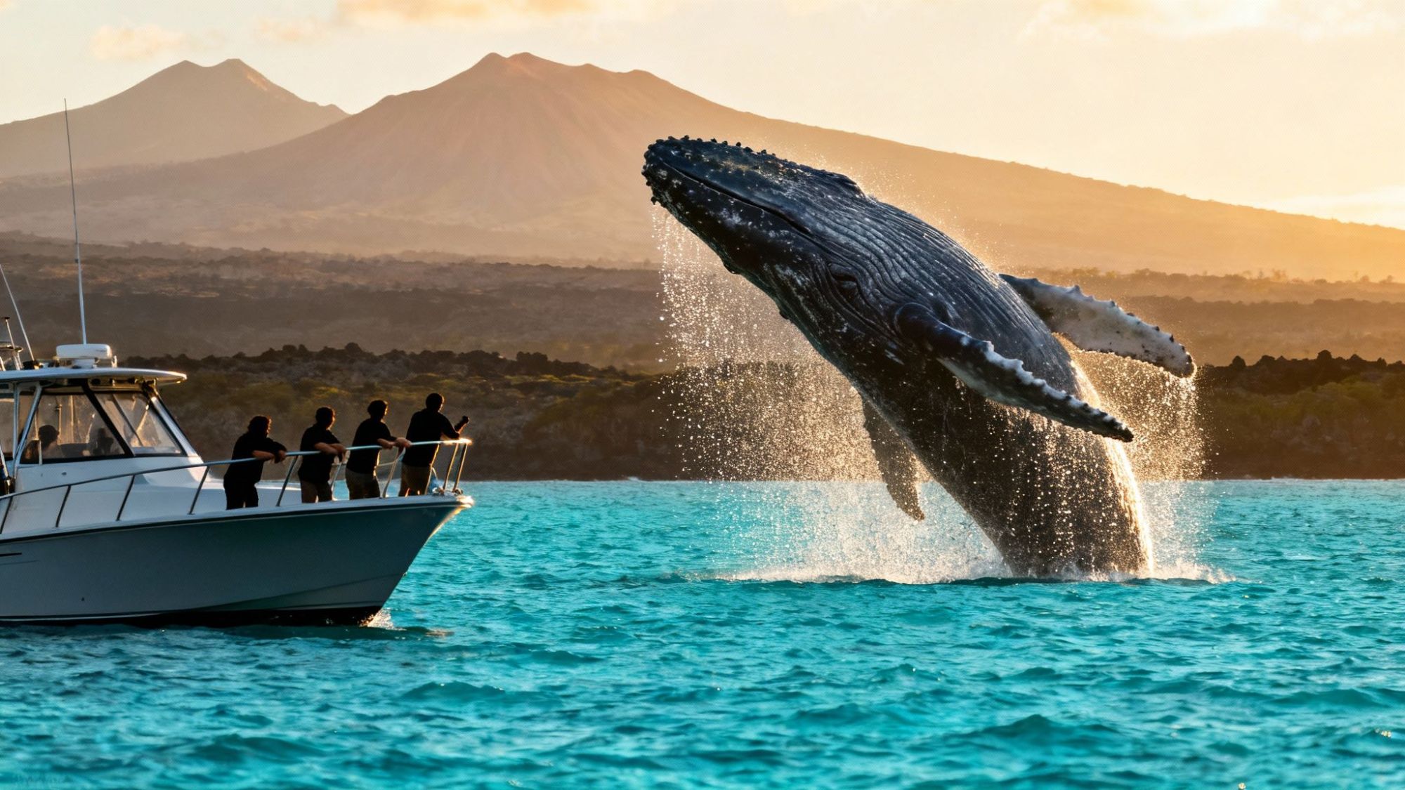 Humpback whale breaching near a boat with people observing, mountains in background.