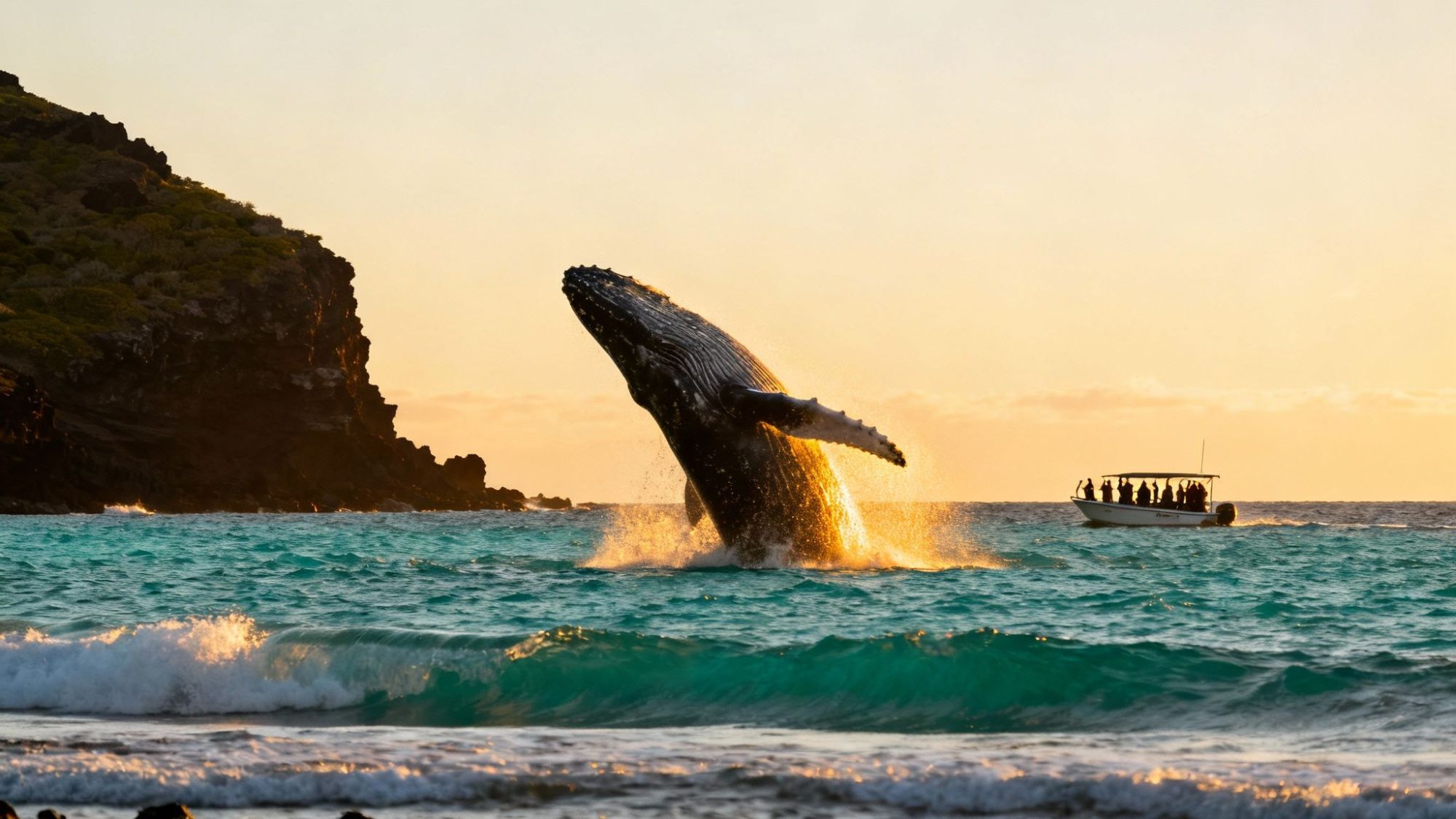 Whale breaching near a small boat at sunset, with cliffs in the background.