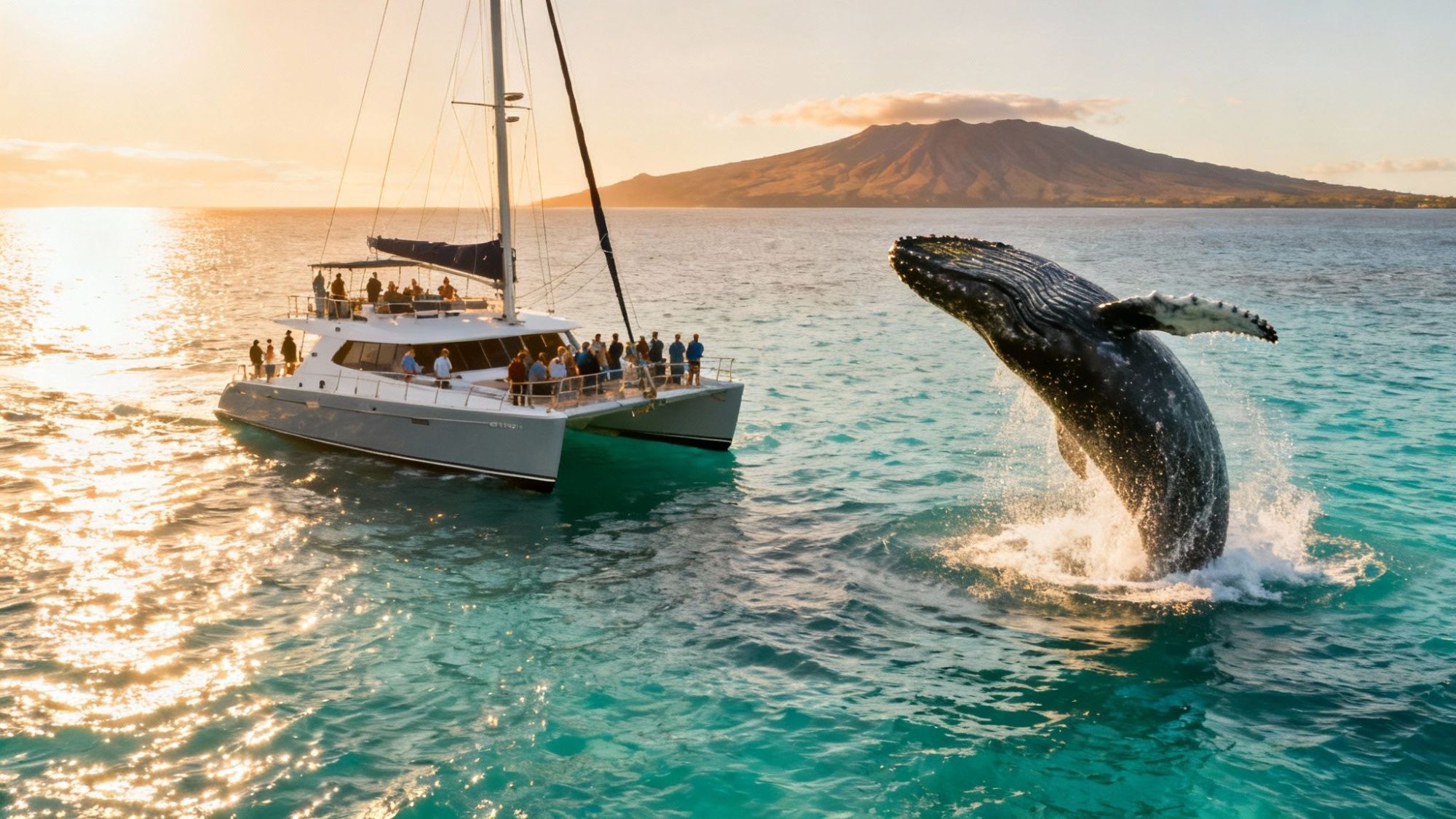 Whale breaching near a sailboat with people, mountain in the background, during sunset.