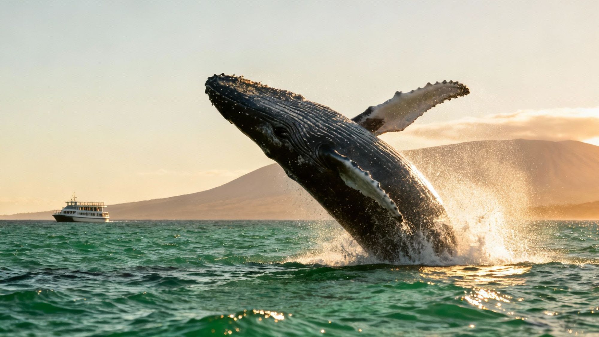 Humpback whale breaching near a boat on the ocean with mountains in the background.