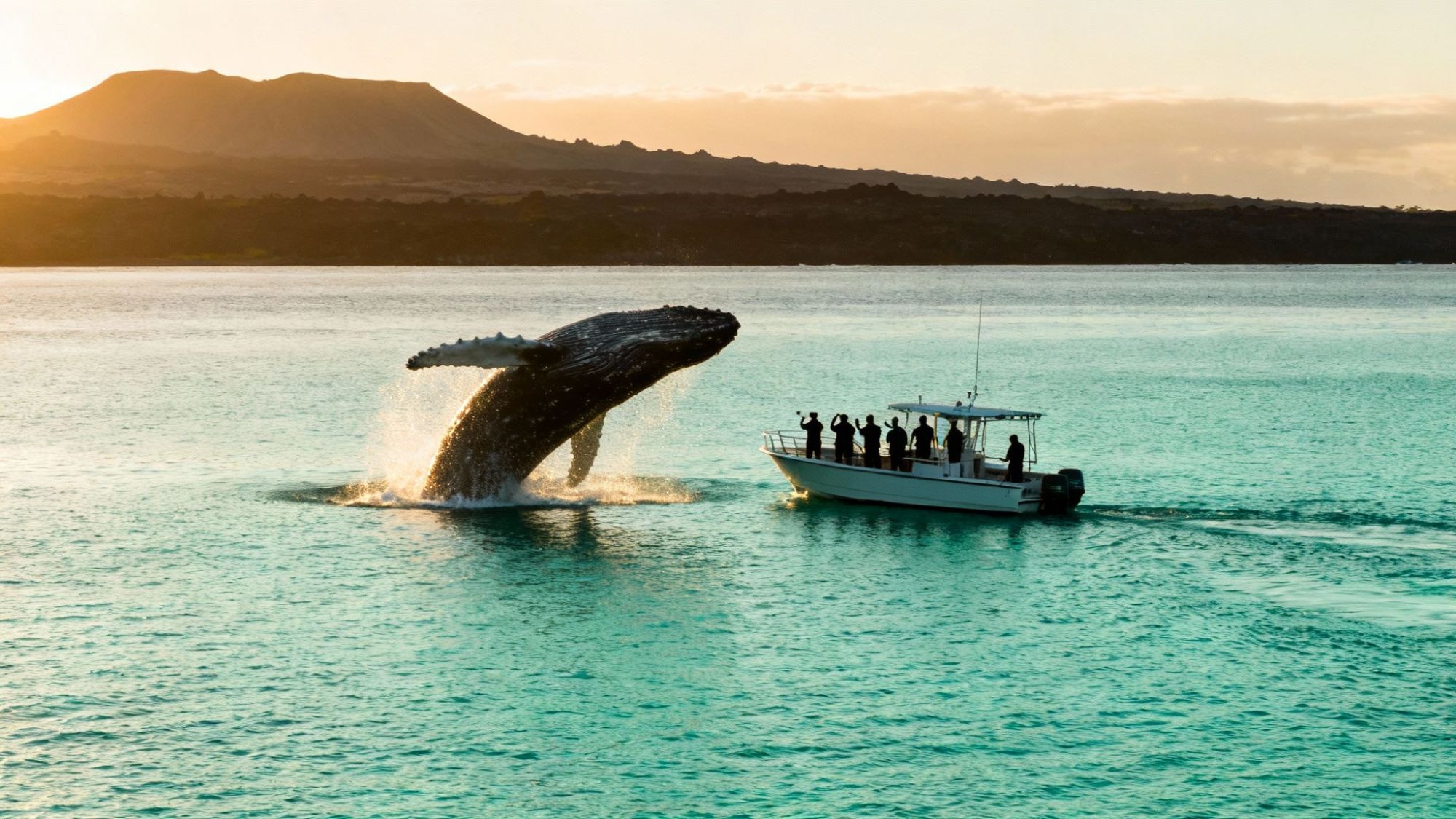Whale breaching near a boat with people at sea, mountains in the background at sunset.