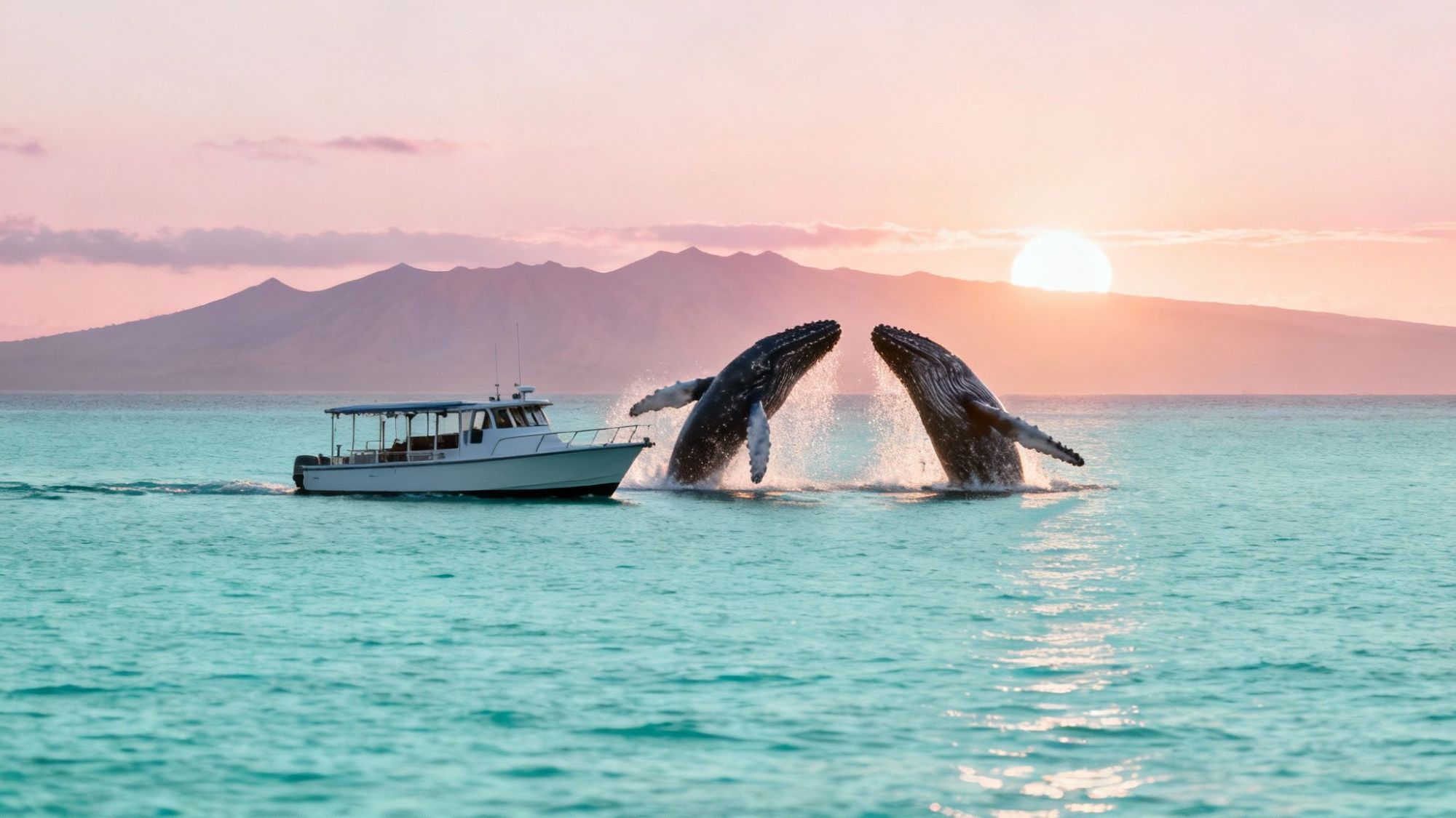 Two whales breaching near a boat at sunset with mountains in the background.