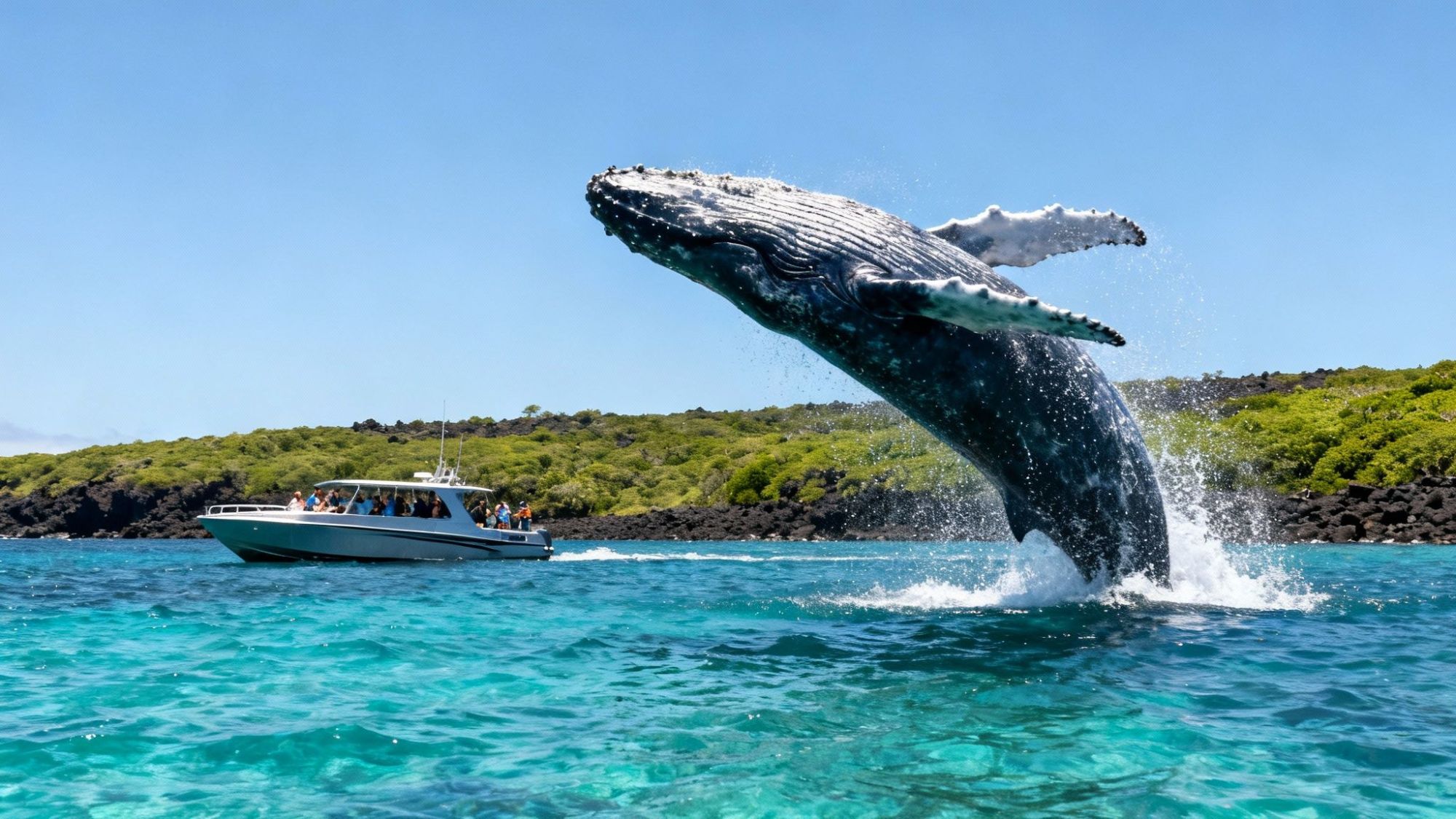 Humpback whale breaching near a tour boat on clear blue water.