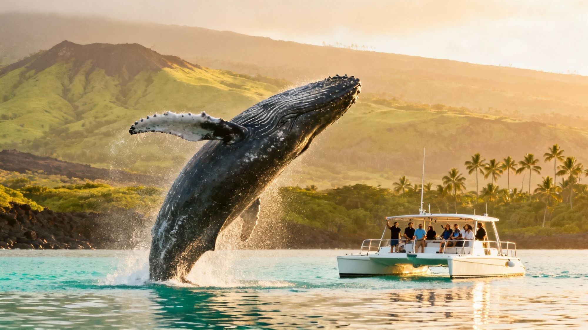 Whale breaching near boat with people, lush island and palm trees in background.