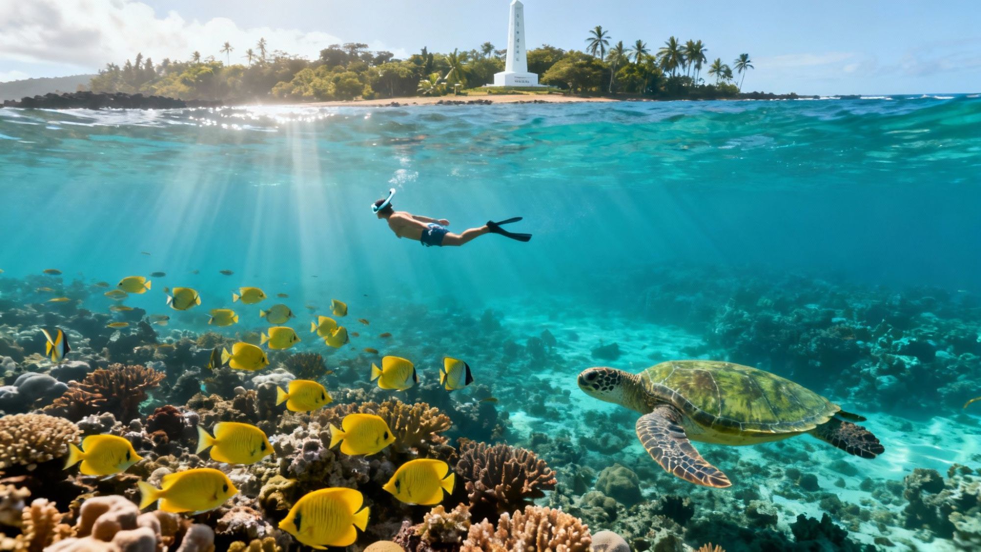 Snorkeler in tropical water with fish, turtle, and shoreline with palm trees and monument.