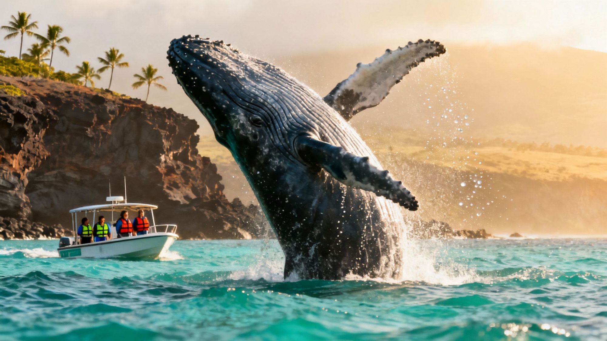 Whale breaching near boat in tropical ocean with palm trees on shore.