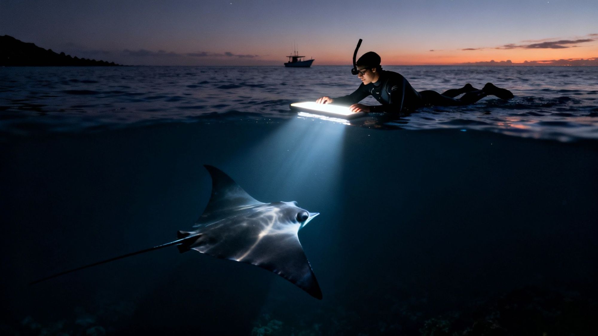 Snorkeler with light above water illuminating manta ray below at sunset.