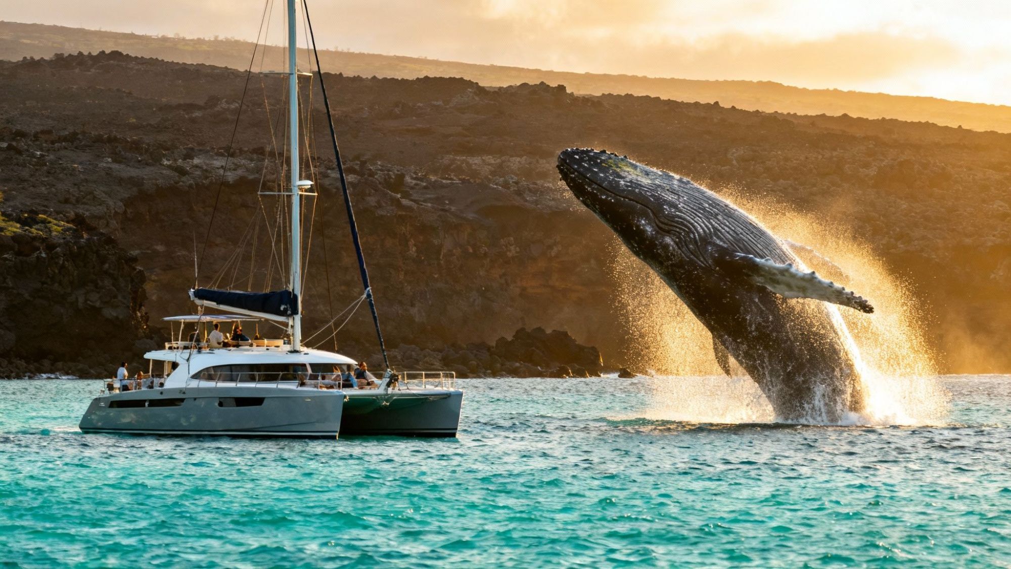 thumbnail_31e1dd A whale breaching near a sailboat with a rocky coastline in the background during sunset.