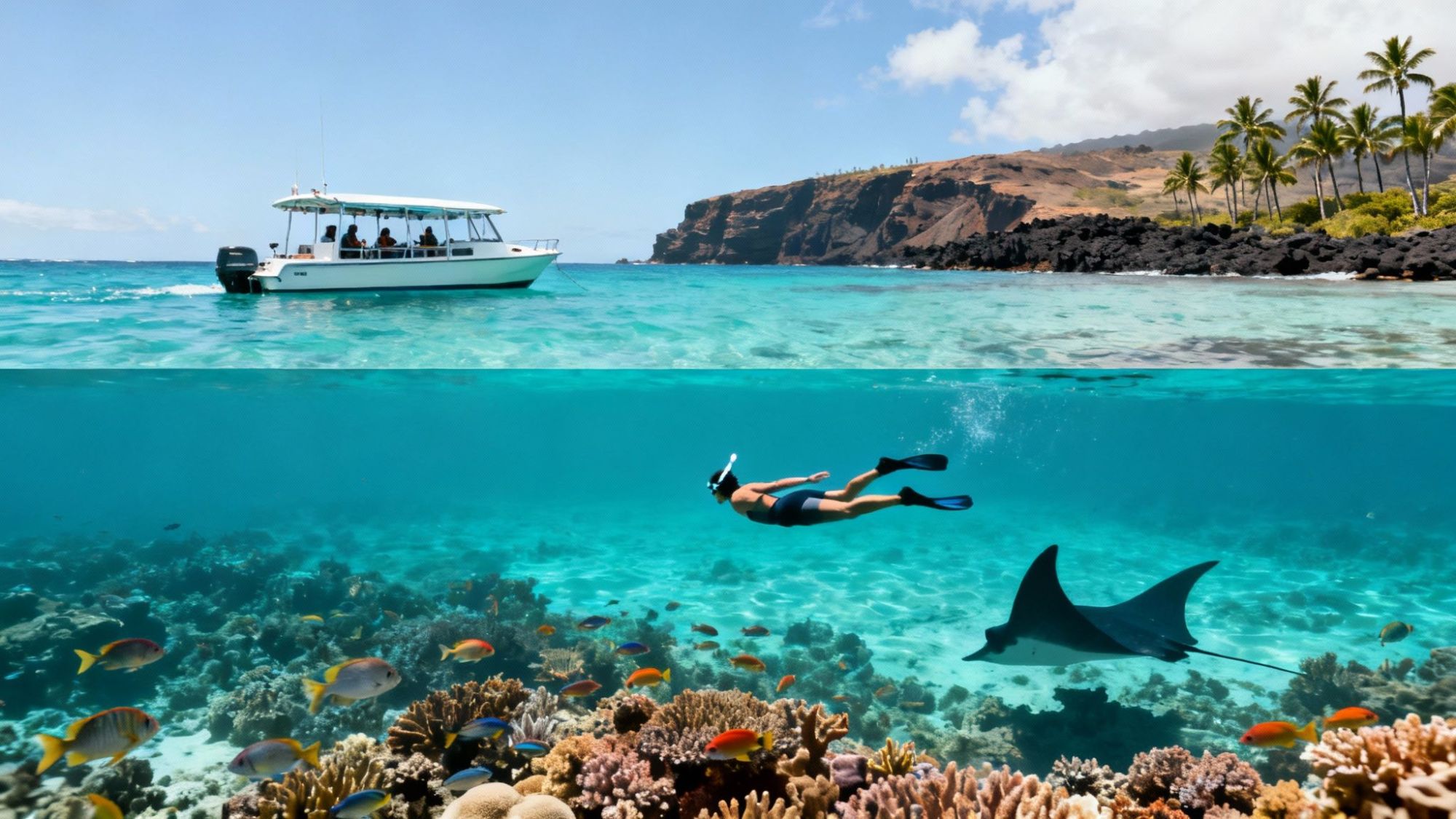 Snorkeler swimming above coral reef with fish and manta ray; boat on ocean surface near tropical island.