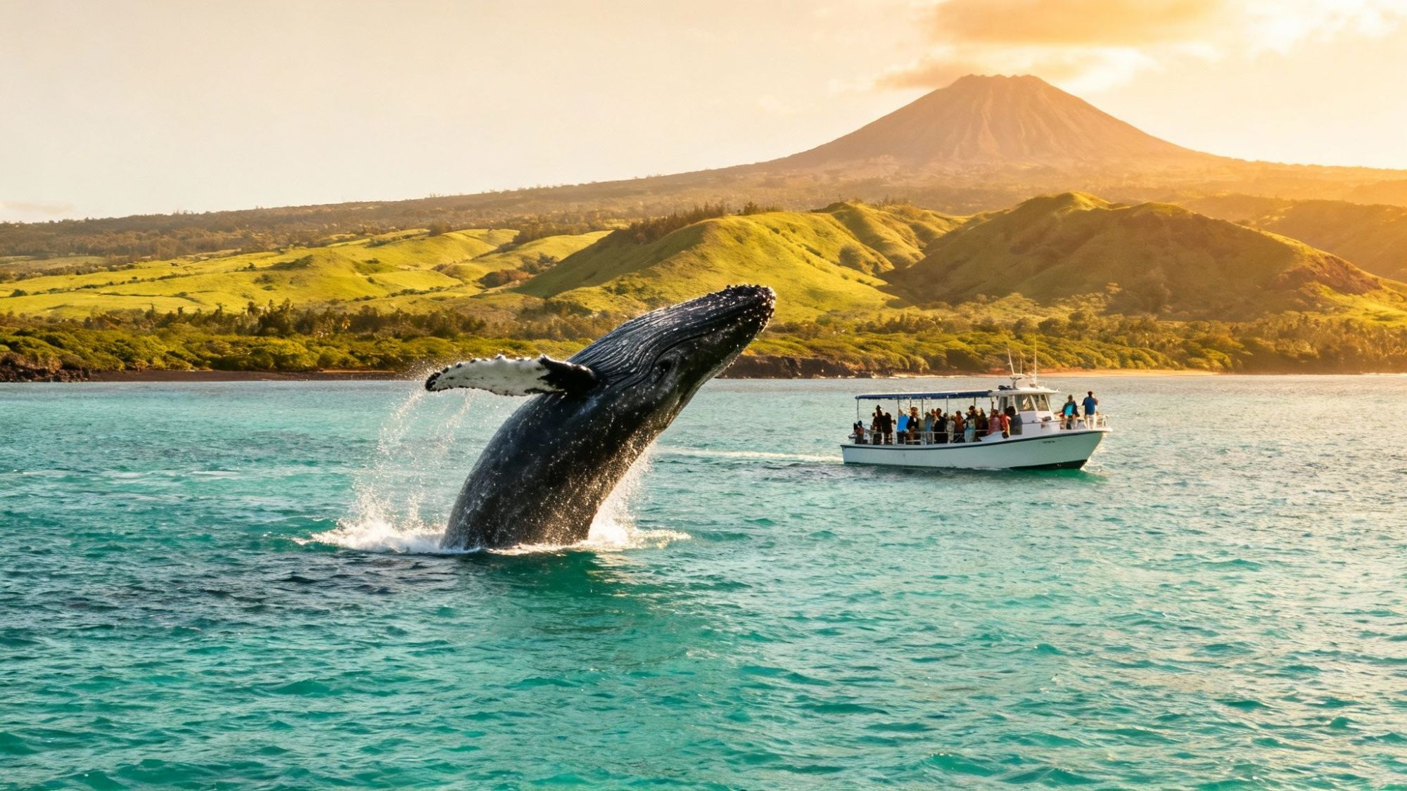 Whale breaching near a boat with people, mountain and hills in the background.