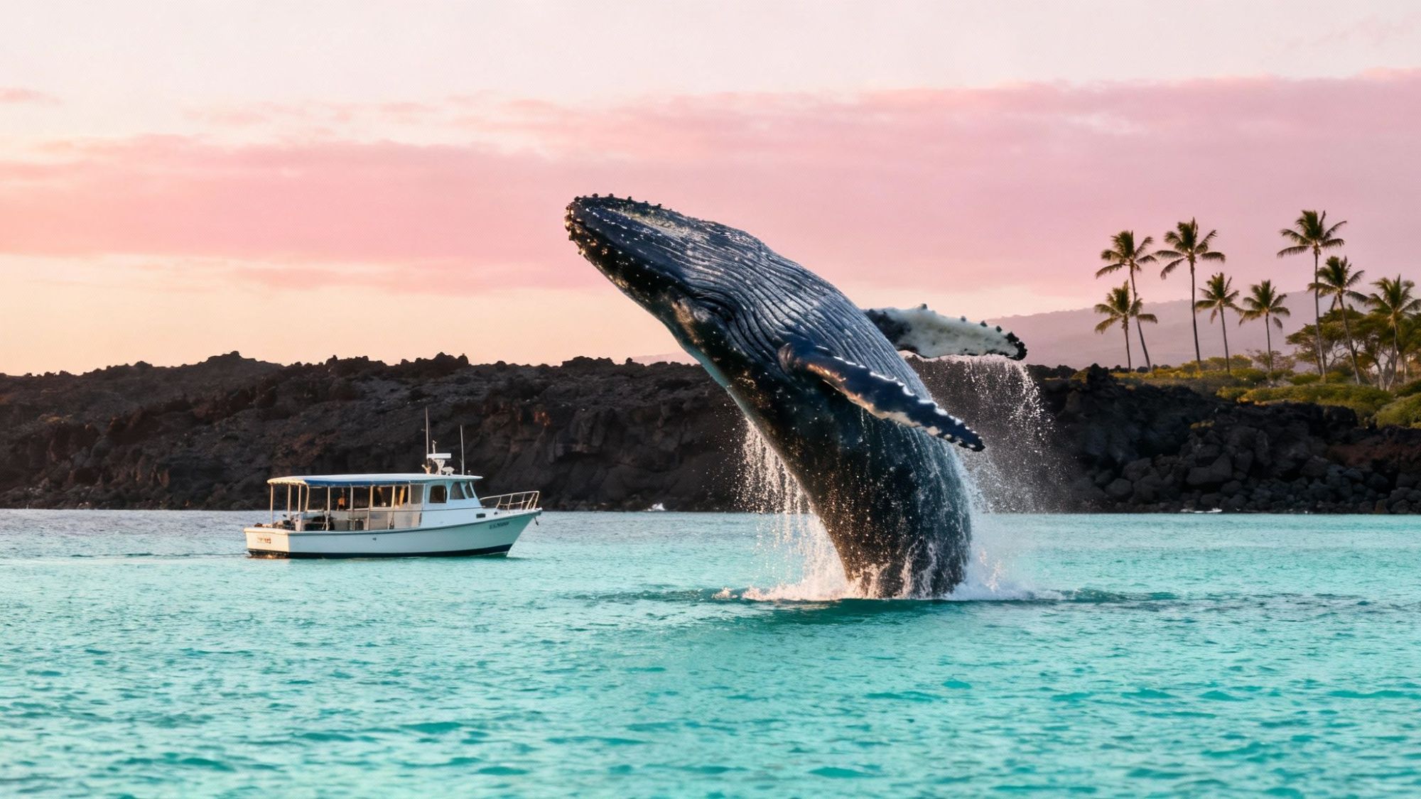 Whale breaching near a boat in a tropical ocean with palm trees and a pink sky.