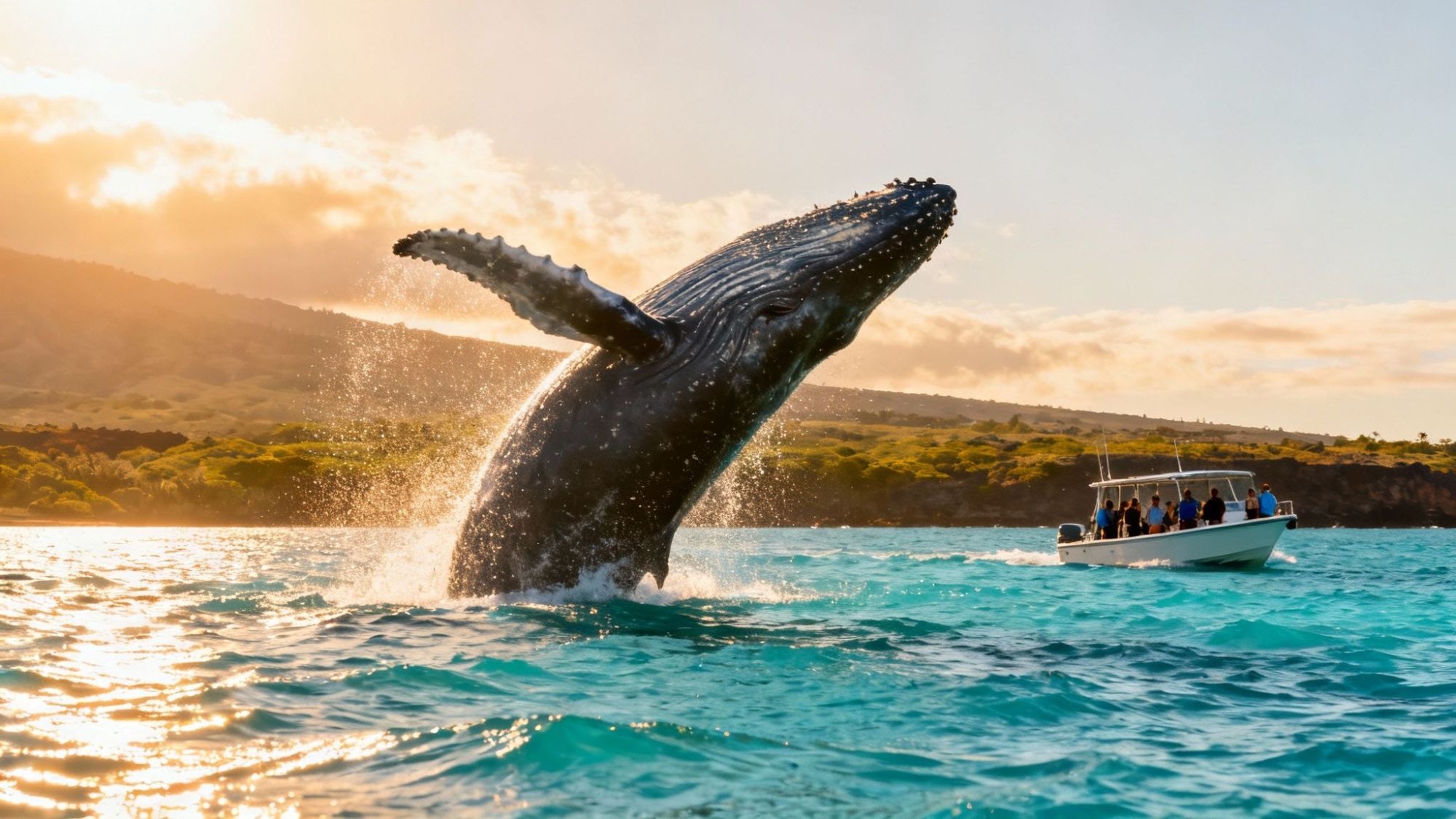 Humpback whale breaching near a boat, ocean and hillside at sunset.