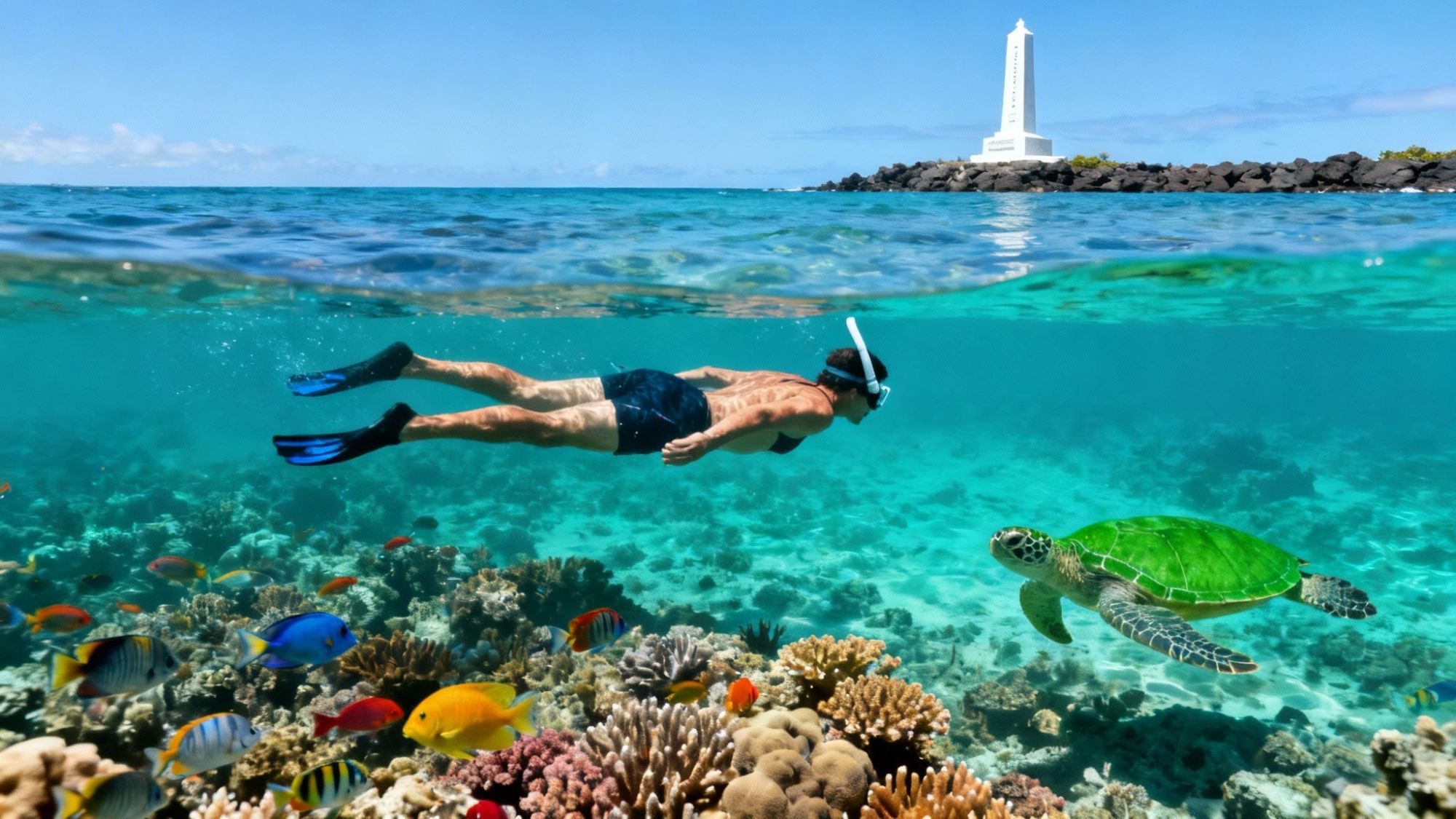 Person snorkeling near coral reef with colorful fish and a sea turtle; a monument is visible in the background.