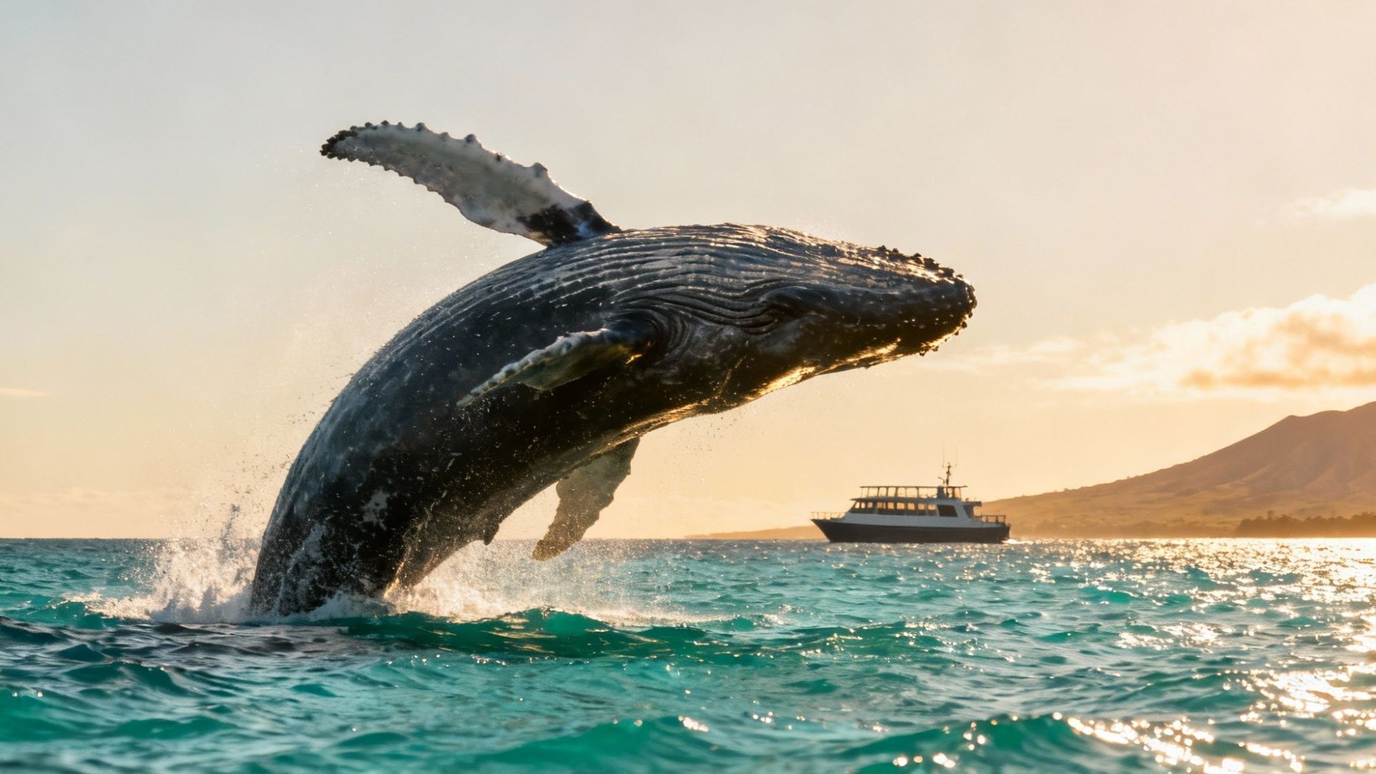 Humpback whale breaching near a boat on the ocean with a distant island.