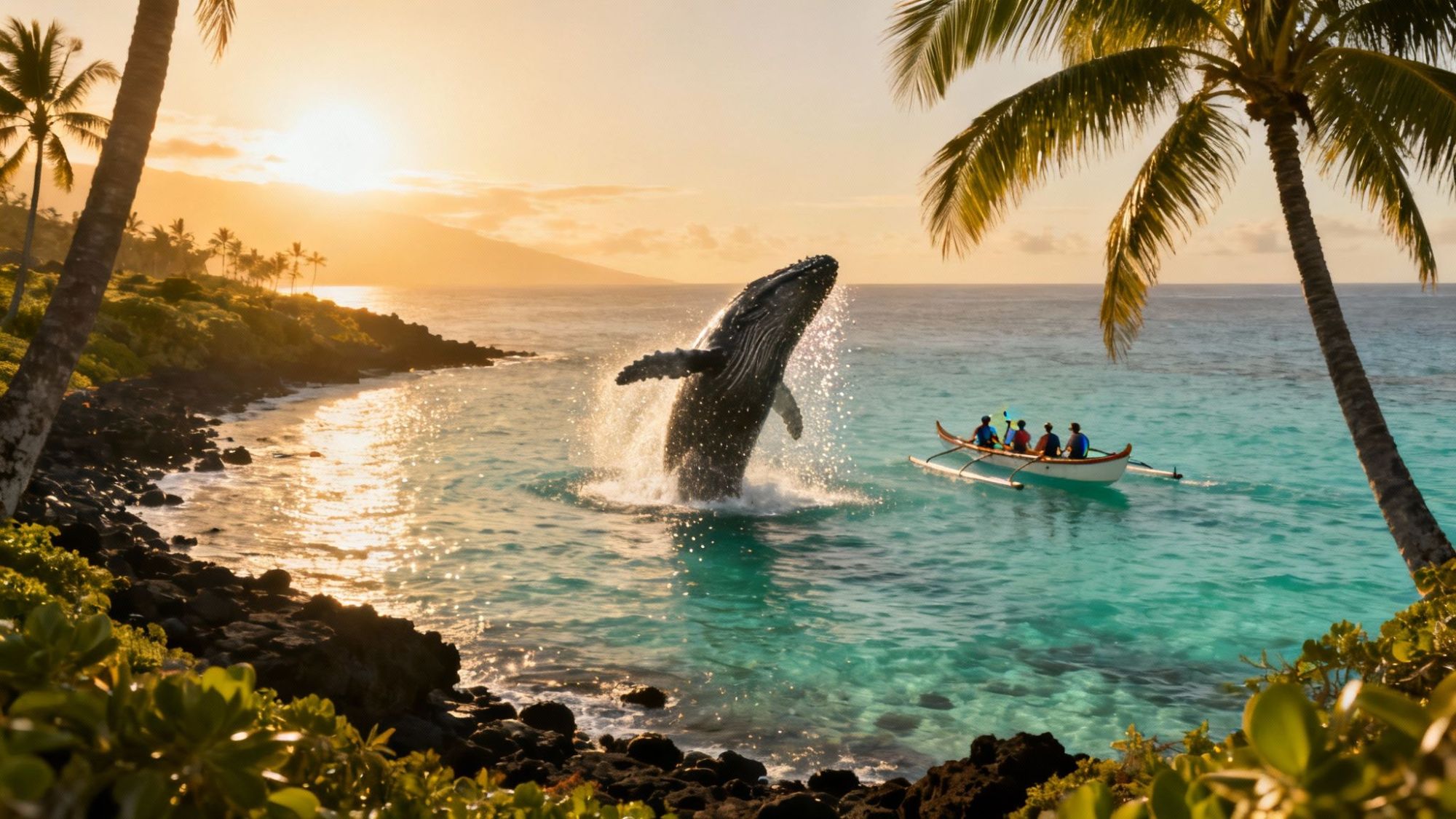 Whale breaching near a canoe with people in a tropical bay at sunset.