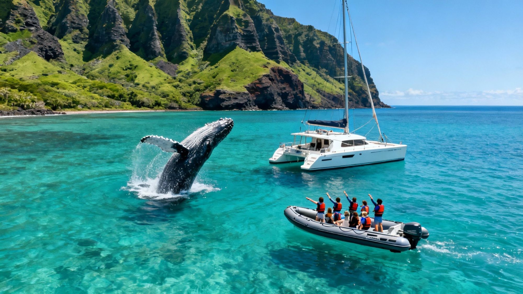Whale breaching near a boat and yacht in clear blue water, with green cliffs in the background.