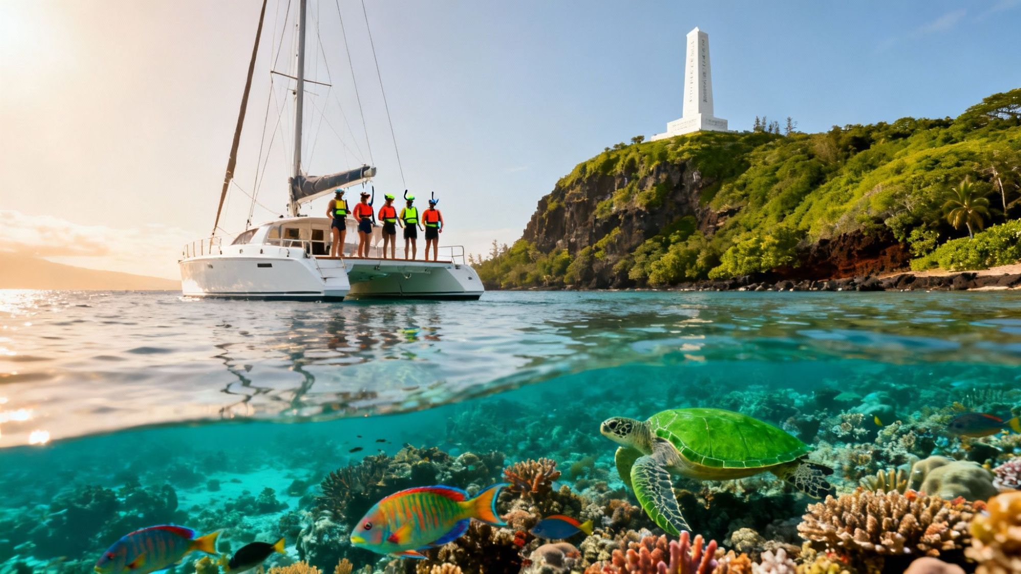 Catamaran near tropical coast with snorkelers on board and a sea turtle underwater.
