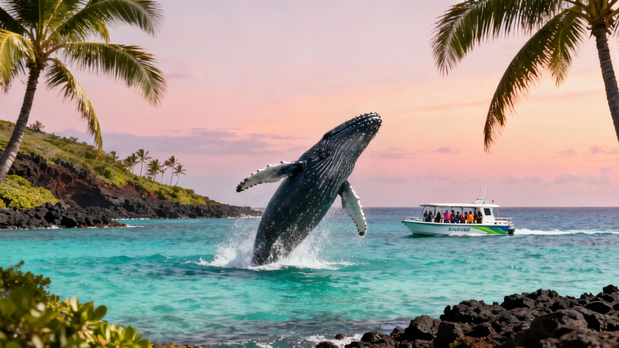 Whale breaching near palm trees and tour boat in tropical waters at sunset.