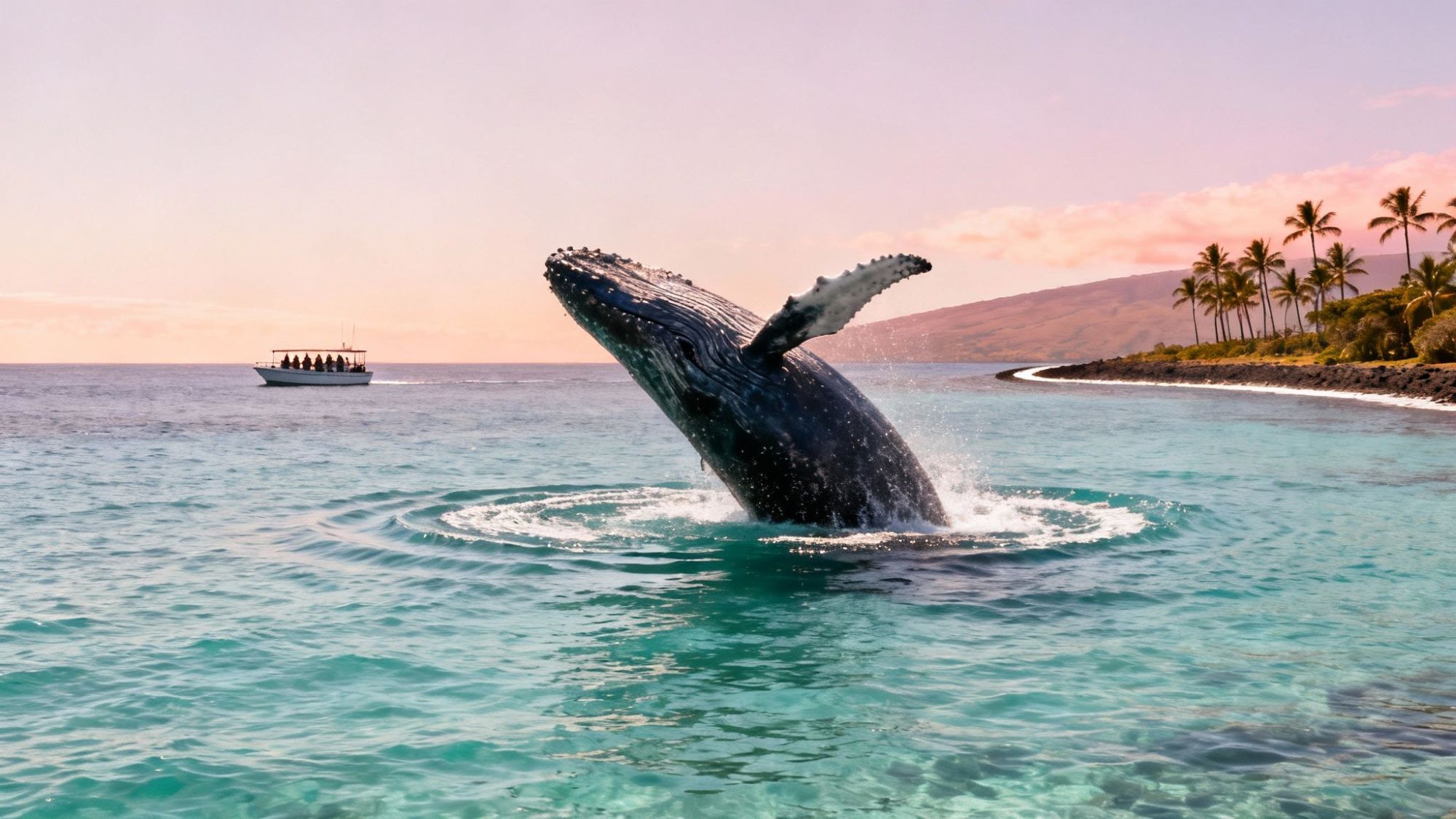 Whale breaching near a boat in tropical ocean with palm trees and pink sky.