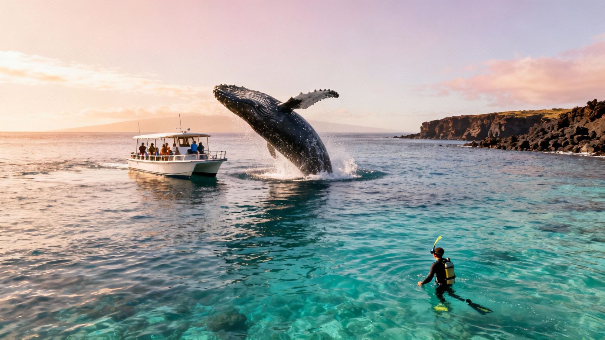Whale breaching near boat and snorkeler in clear ocean water during sunset.