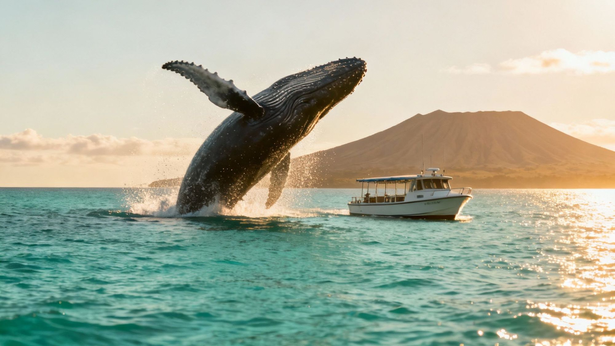 Breaching whale near a small boat with a mountain in the background during sunset.