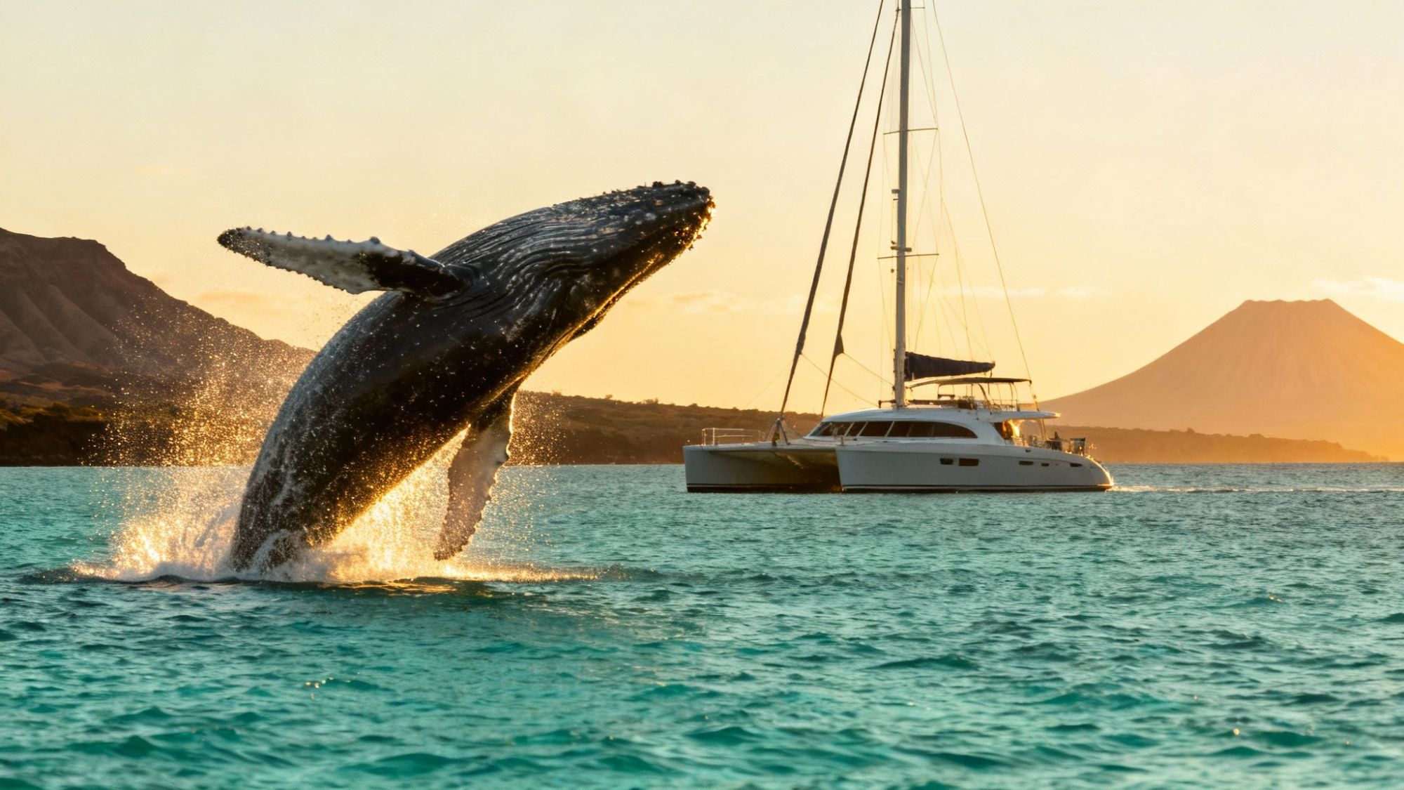 Whale breaching near sailboat at sunset with mountains in the background.