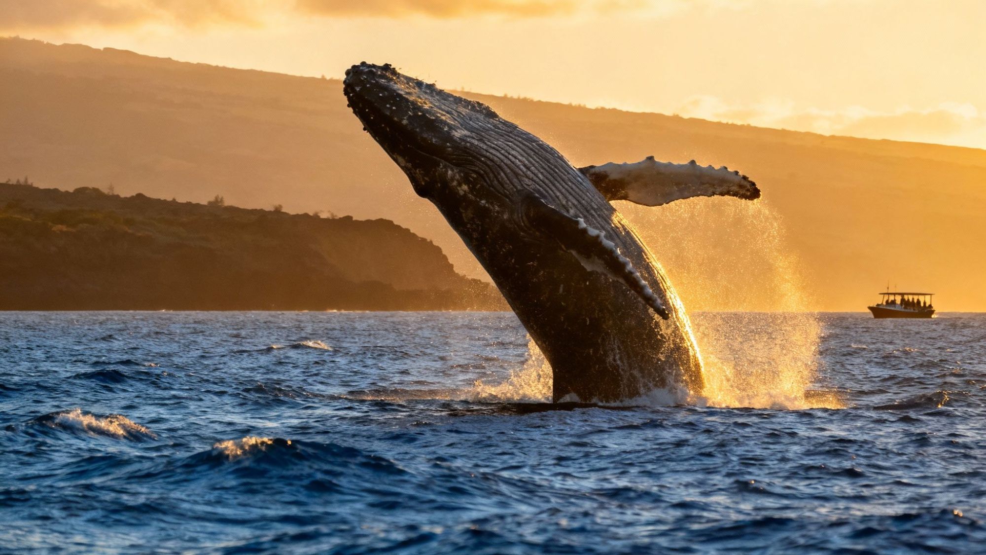 Whale breaching at sunset with a boat in the background on the ocean.