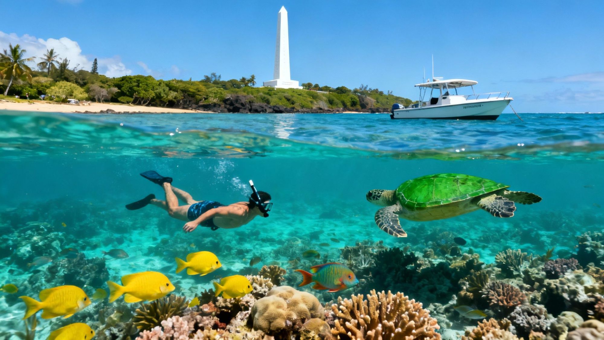 Snorkeler swimming with fish and turtle in clear water, boat and obelisk on beach in the background.