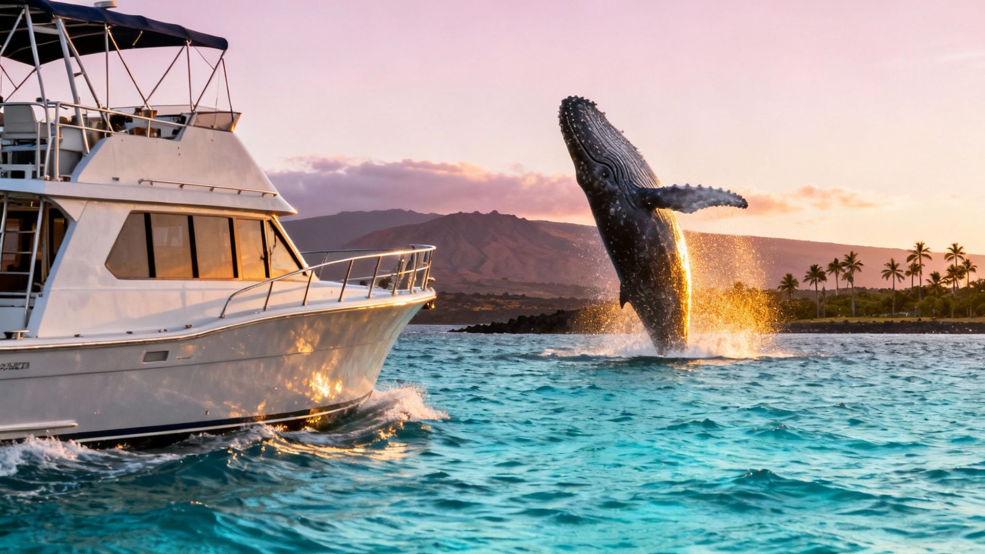 Whale breaching near a boat at sunset with palm trees and mountains in the background.