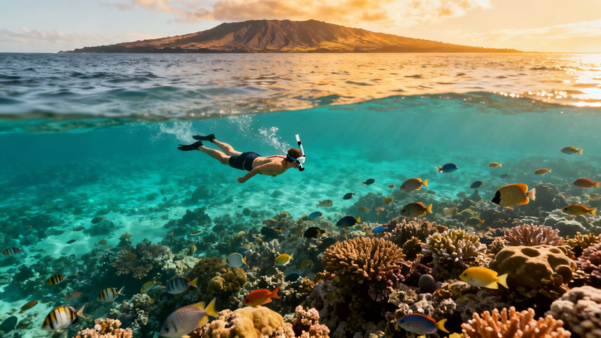 Snorkeler above vibrant coral reef with fish, mountain in background, sunset.